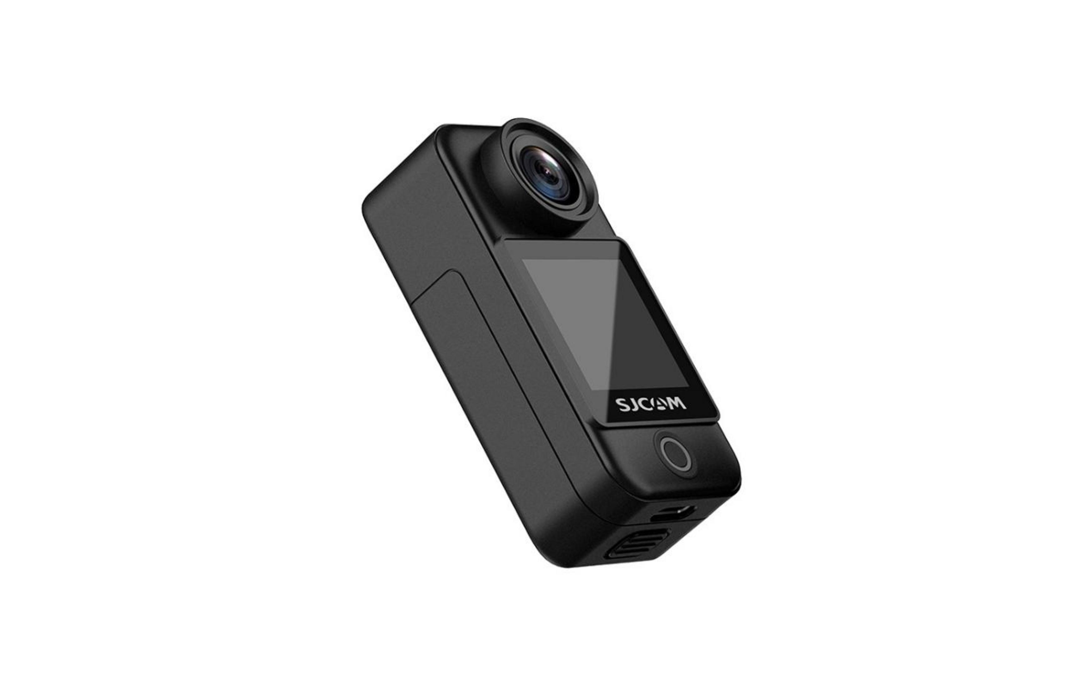 Una action camera nera con obiettivo e schermo, su sfondo bianco.