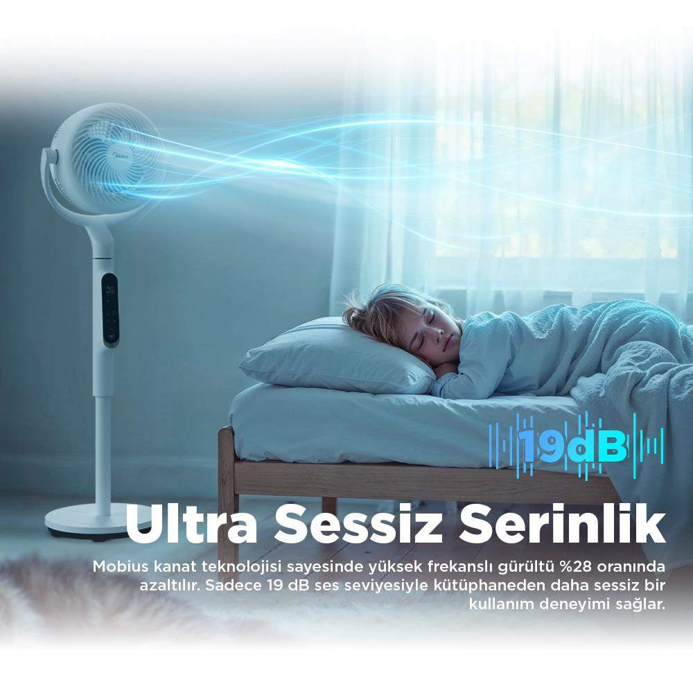 Beyaz bir vantilatör uyuyan bir kıza hava üflüyor. 19 dB.