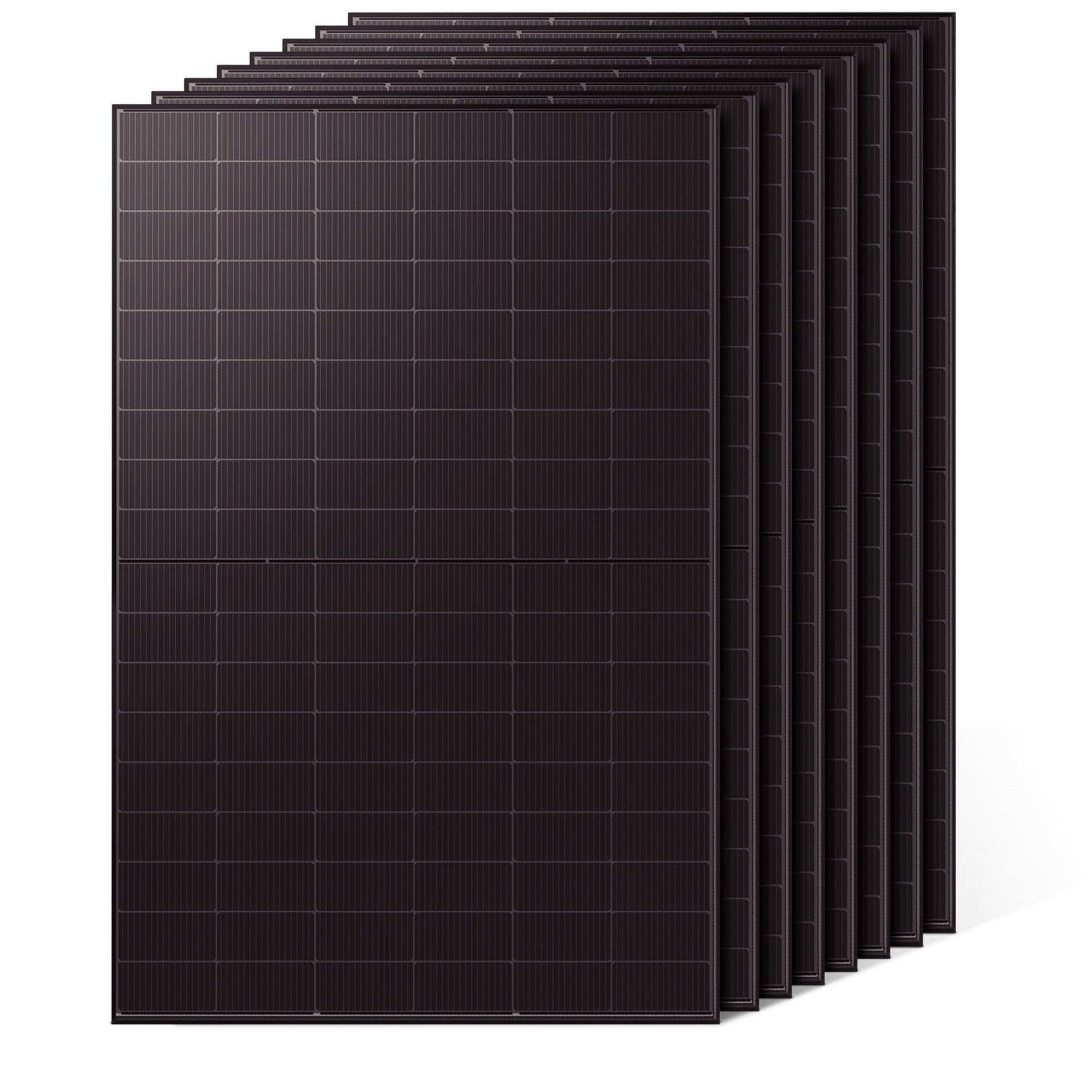 Mehrere dunkle Solarmodule, die gestapelt und leicht versetzt sind.