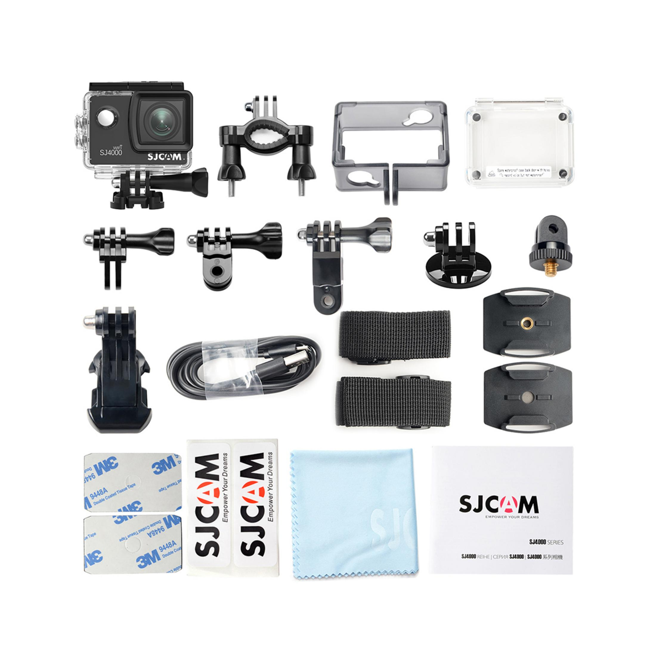 Telecamera SJ4000 con accessori: supporti, cavi, nastro adesivo e panno.