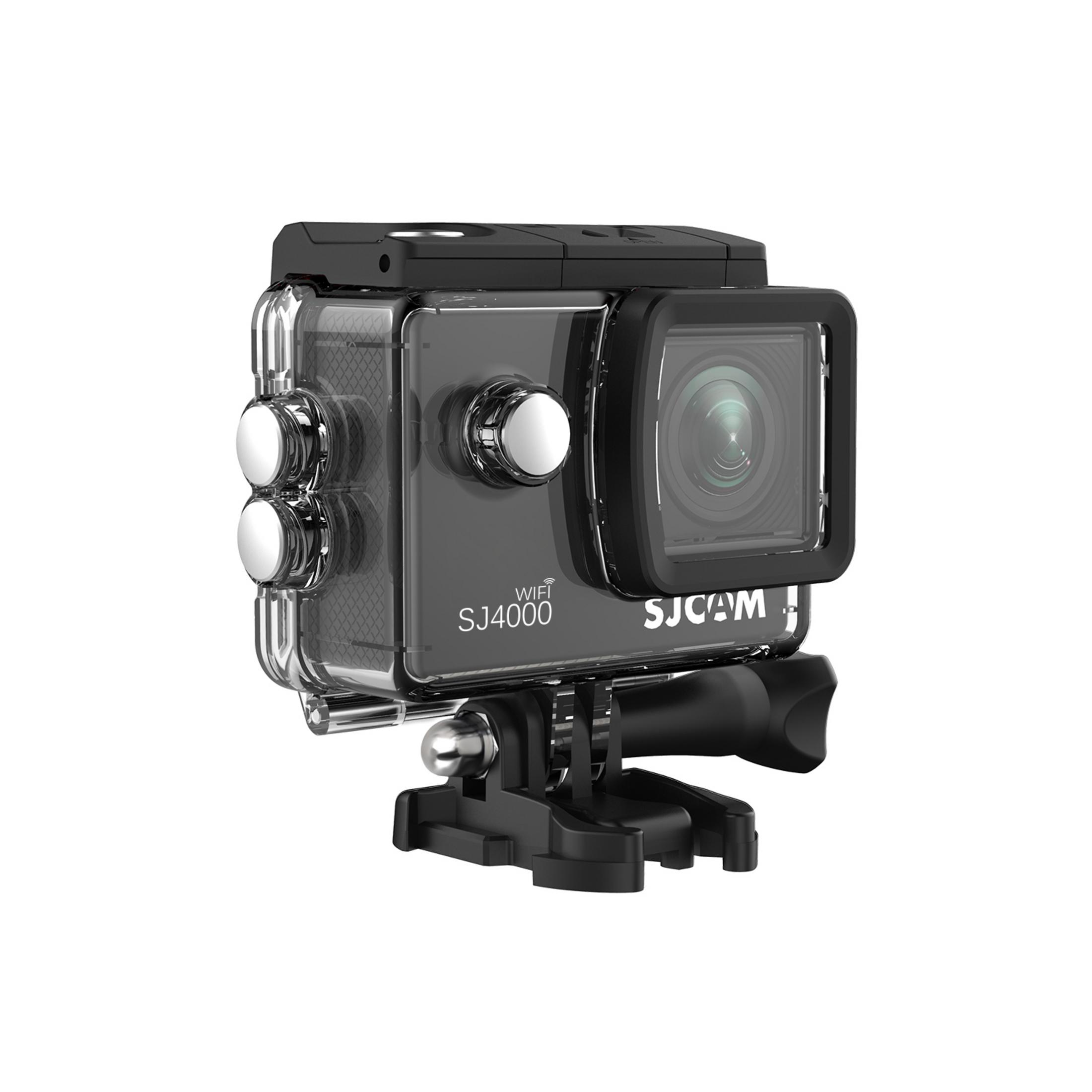 Una action cam SJCAM SJ4000 nera in custodia impermeabile con supporto.
