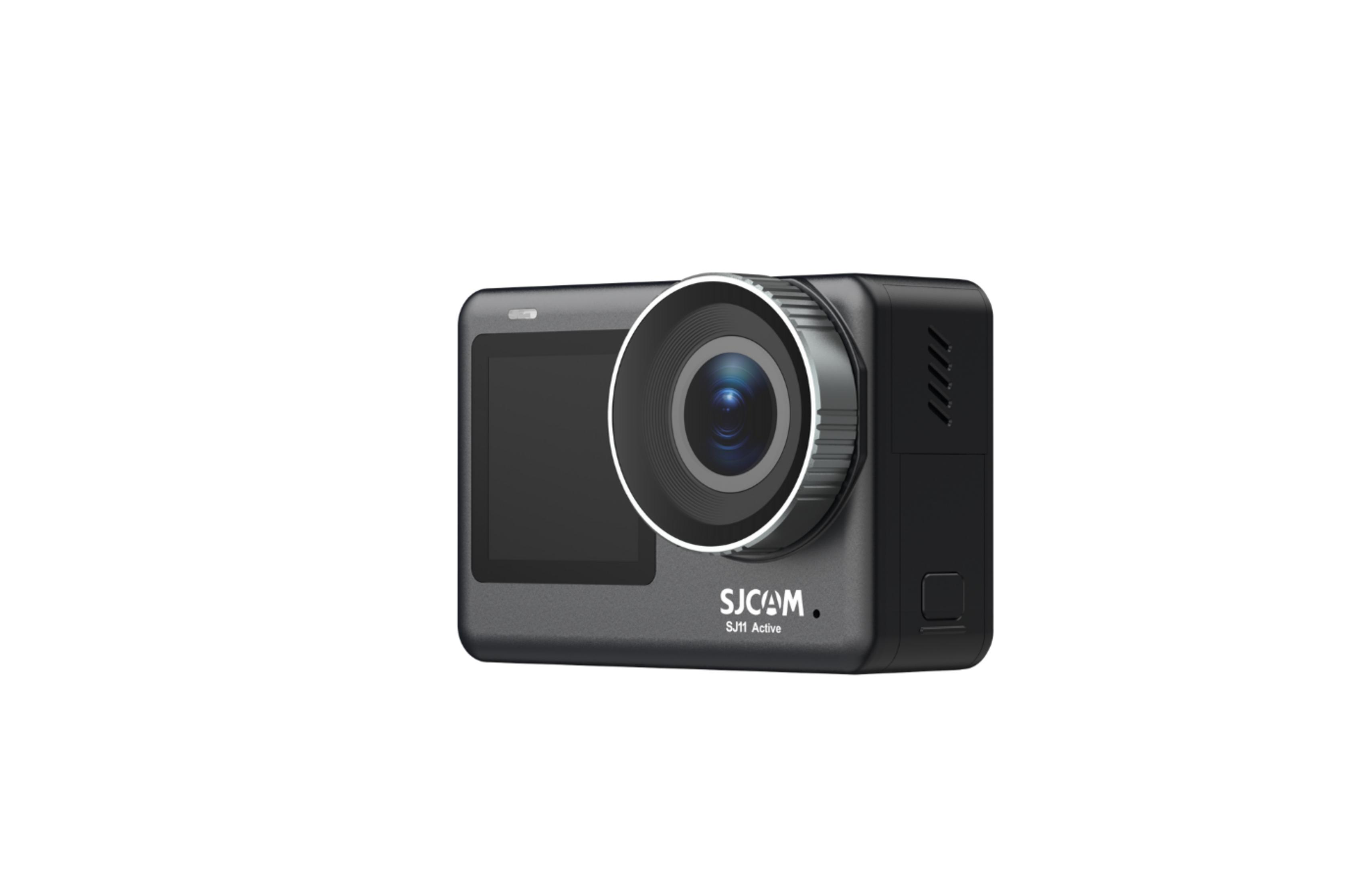 Un modello di action camera nero SJ11 Active con obiettivo e schermo.