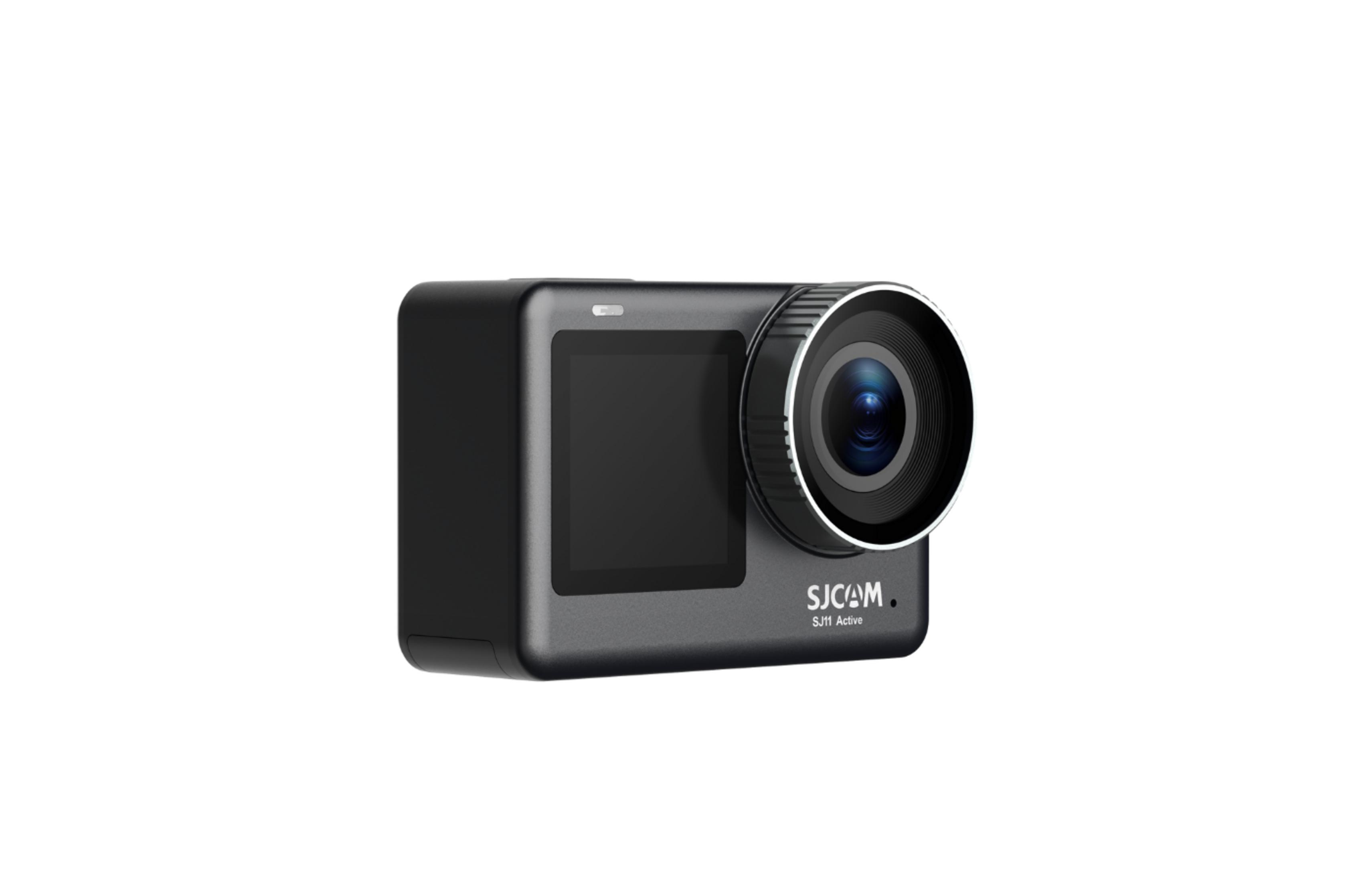 Compatta action camera nera con obiettivo e schermo.