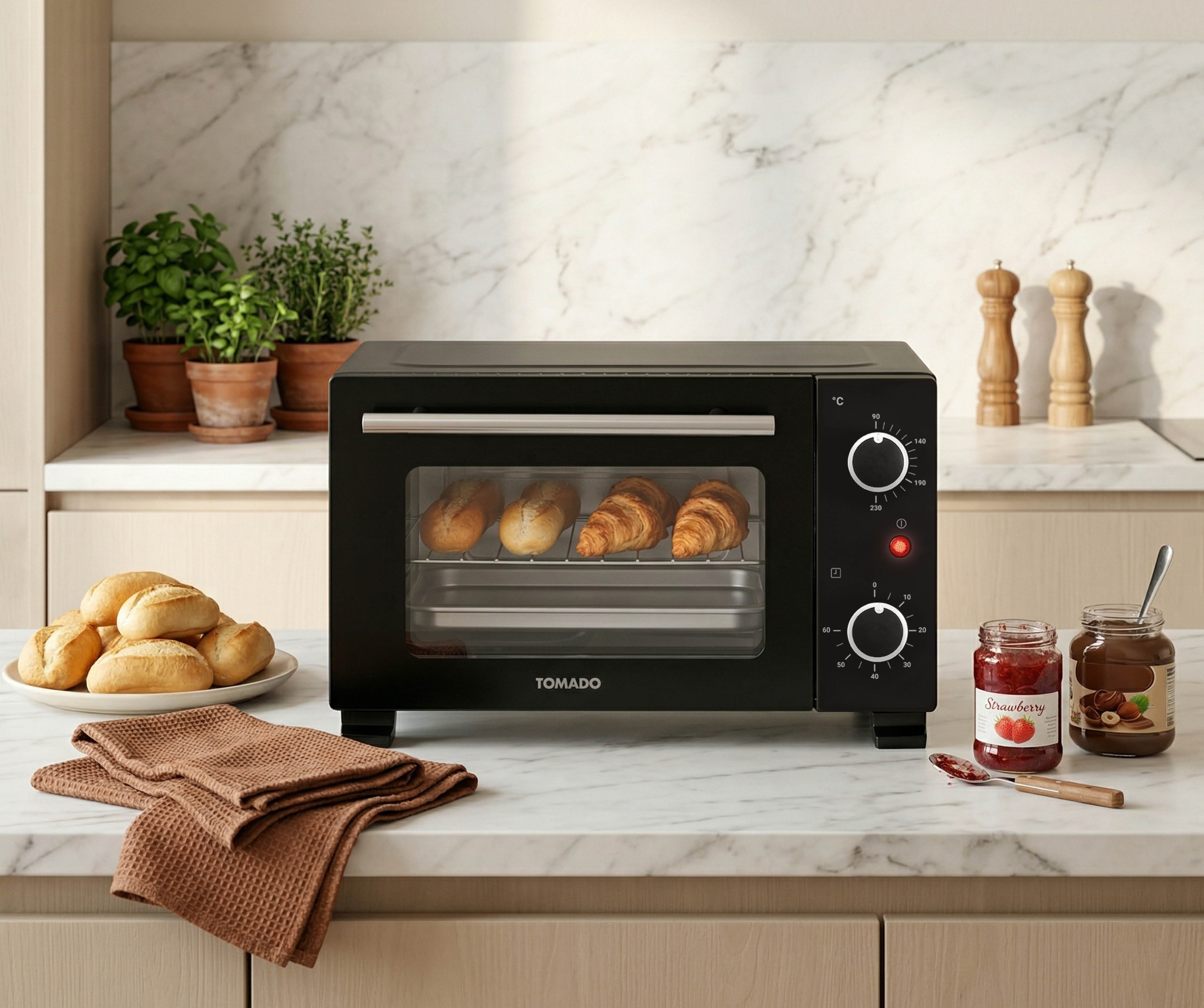A black toaster oven with bread rolls, croissants, jam, and chocolate-hazelnut spread.