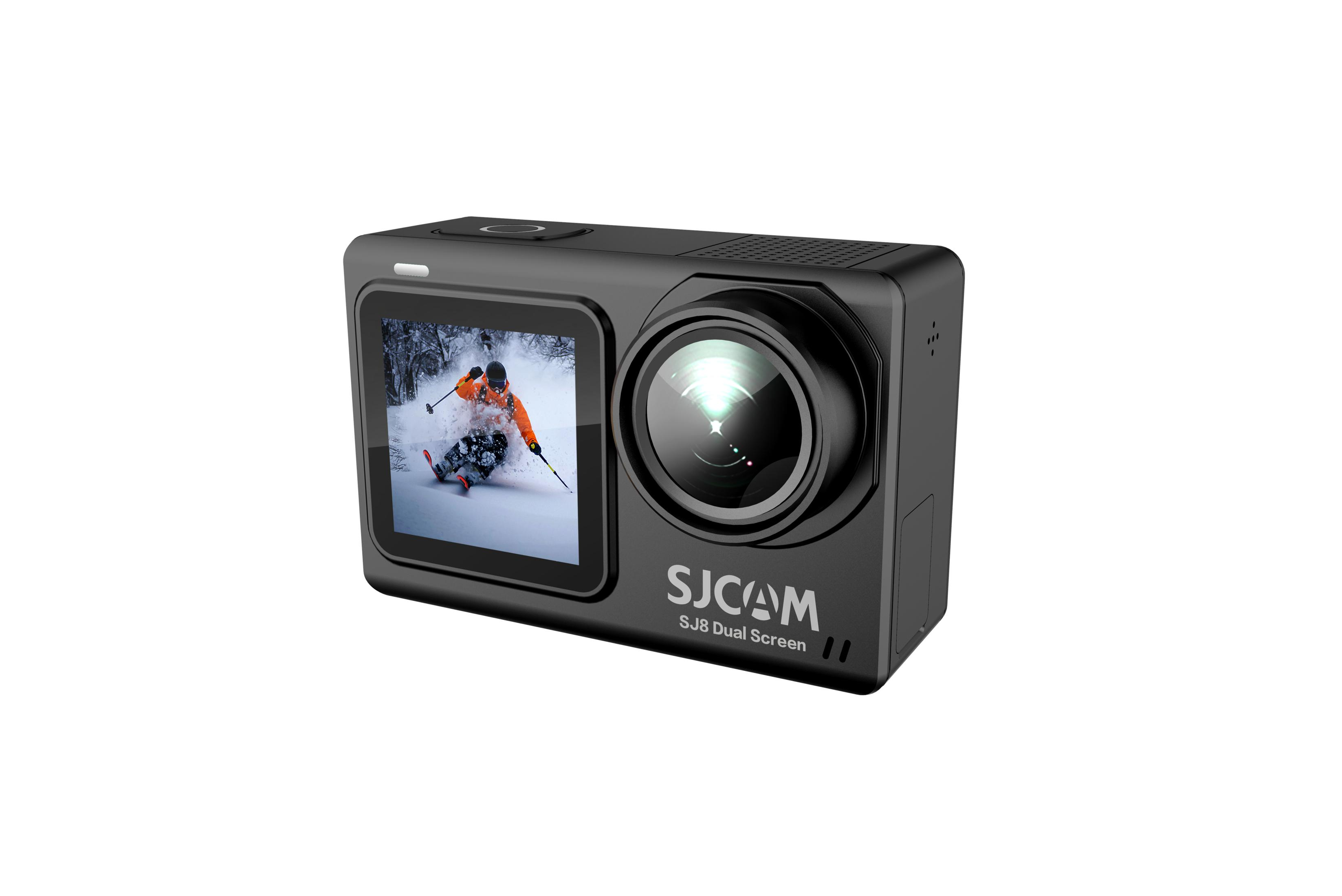 Action cam nera con sciatore sullo schermo.