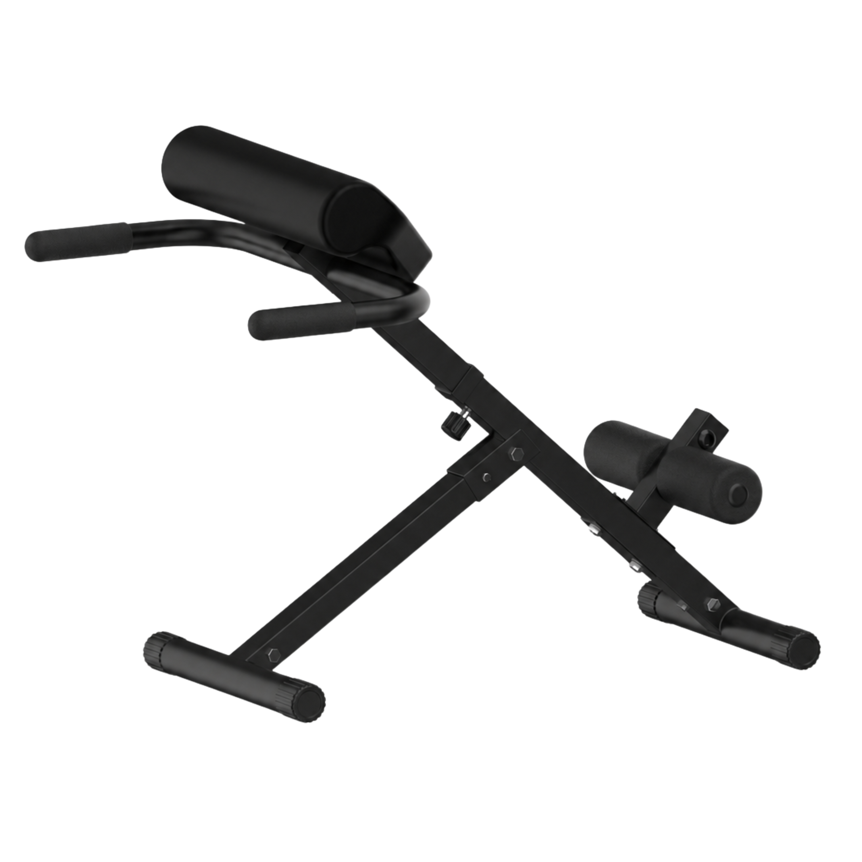 Black workout bench with pads and handles on a white background.