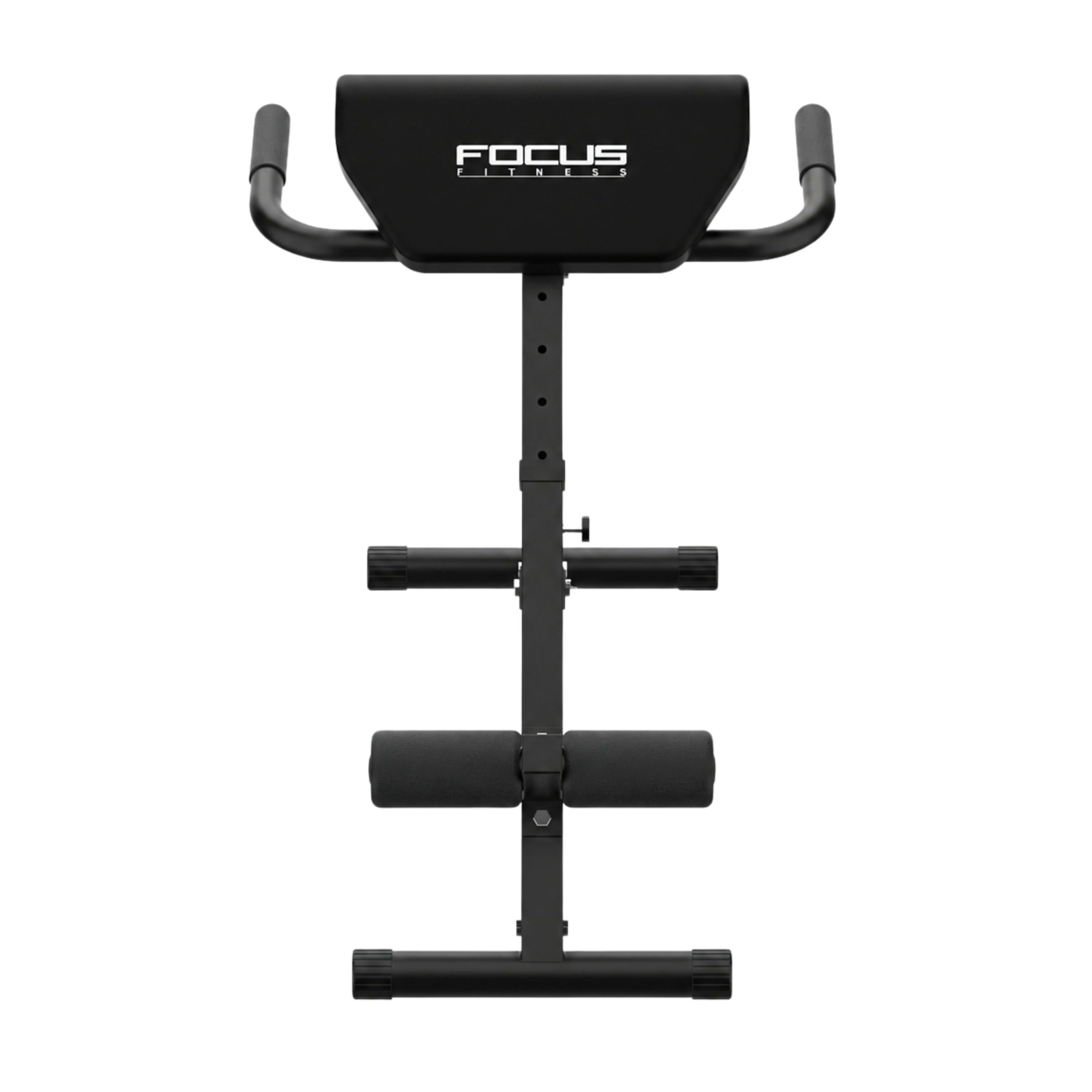 A black fitness device with pads, handles, and an adjustable bar.