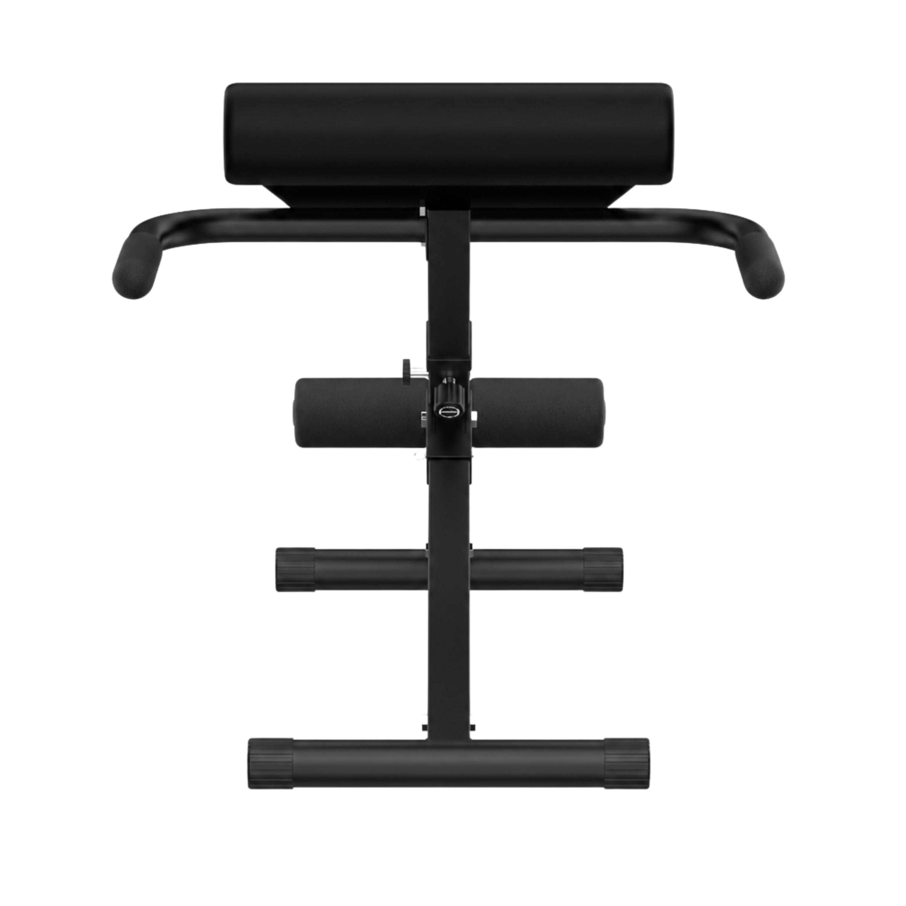 Black fitness bench with padded rollers and handles.