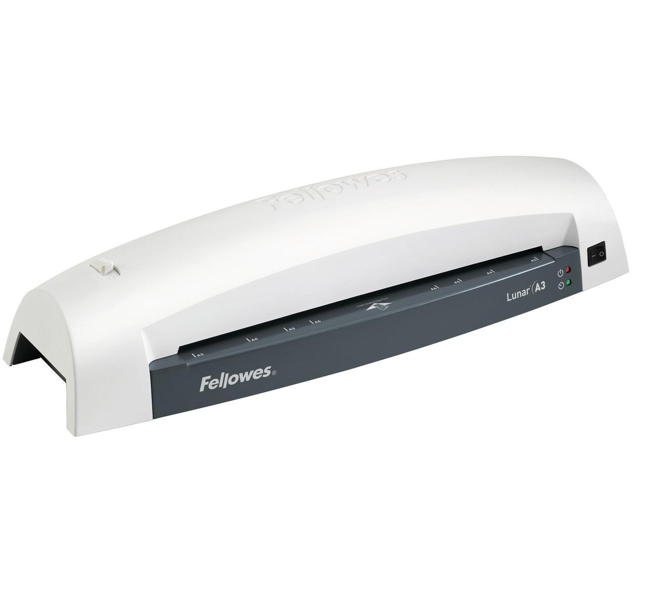 White Fellowes Lunar A3 laminator with dark gray trim. Power switch is on the top right.