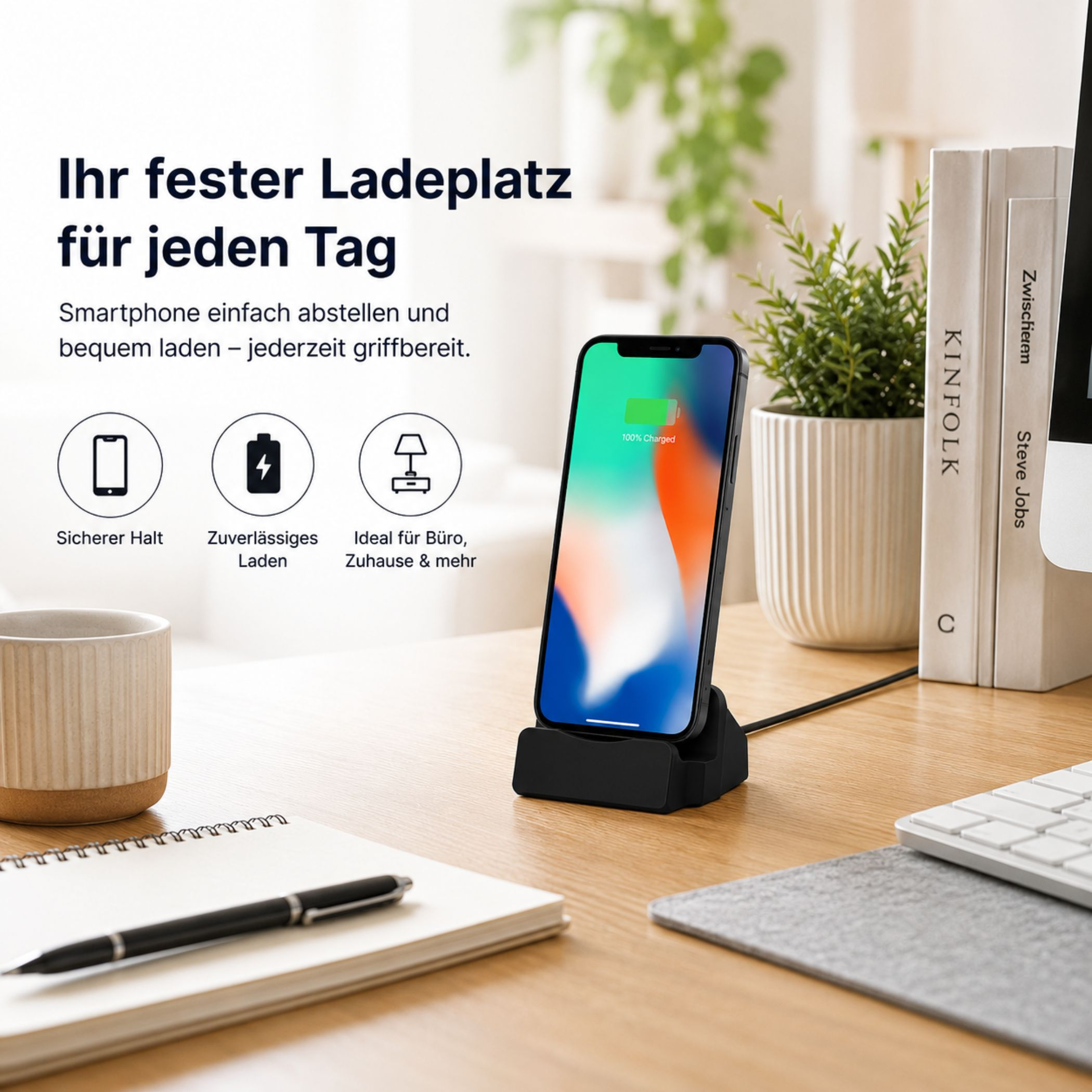 Ein Smartphone lädt auf einer Ladestation neben Büchern und einer Pflanze.