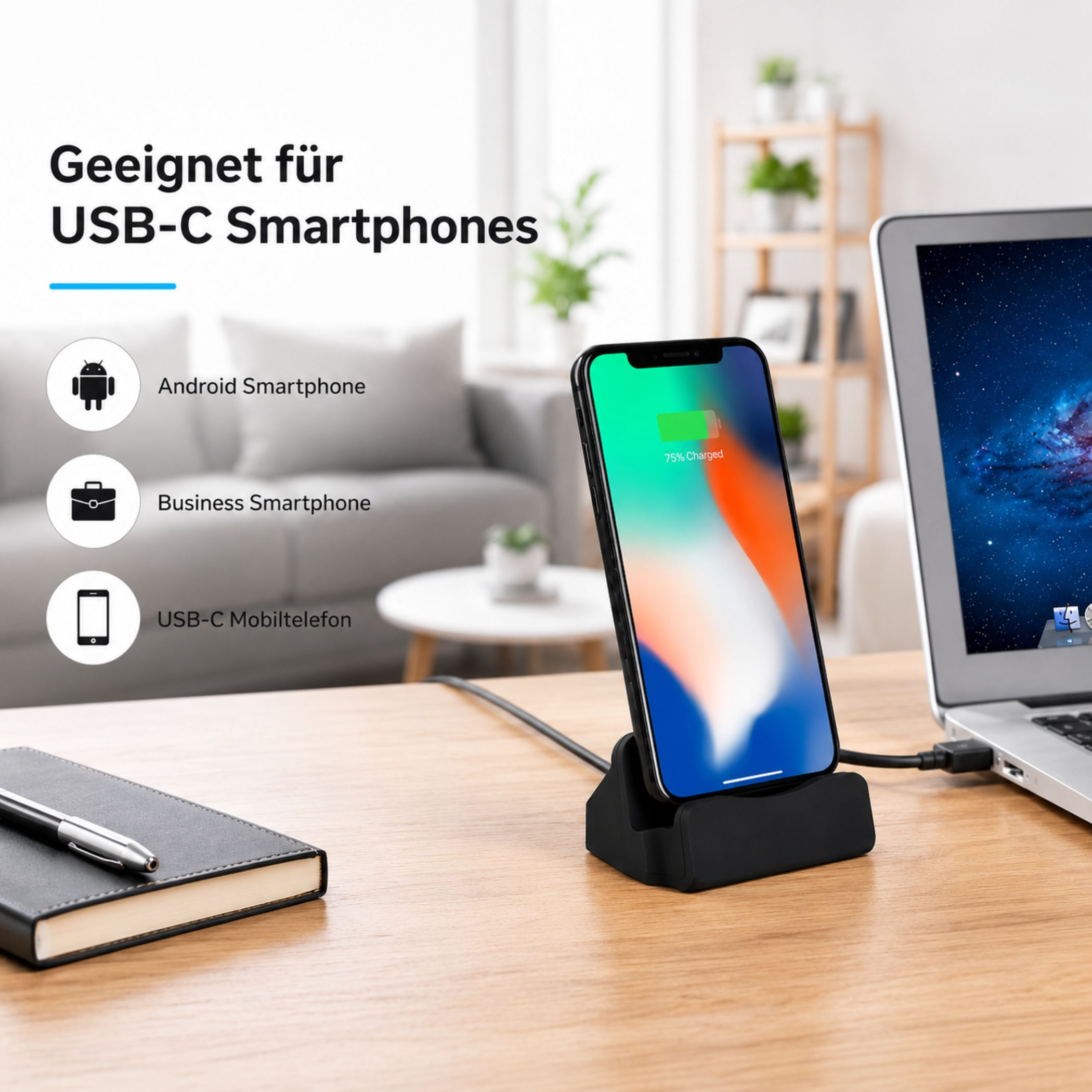 Ein Smartphone wird auf einem Ladegerät geladen, daneben ein Laptop.