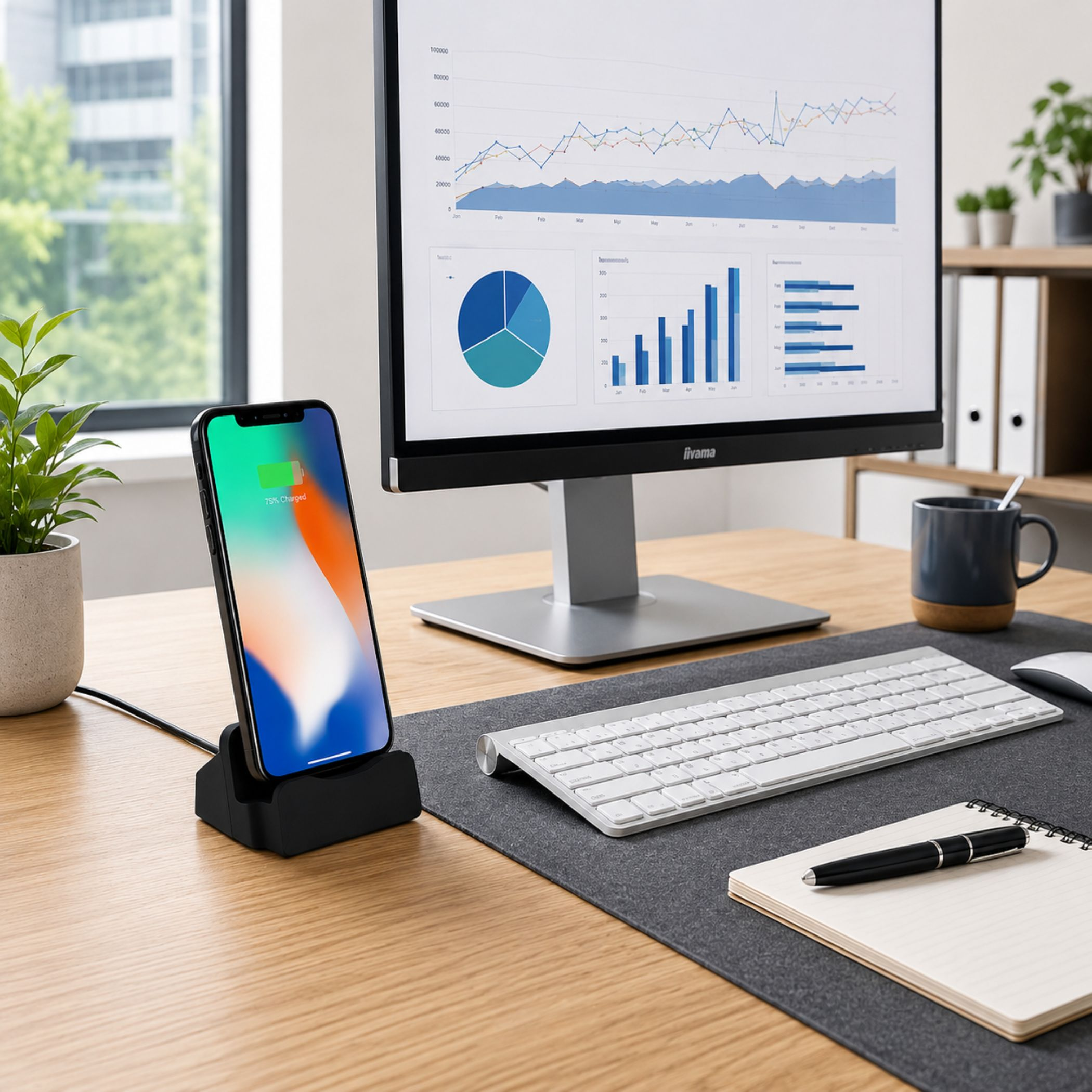 Ein Schreibtisch mit einem aufgeladenen Smartphone, Tastatur, Maus und Monitor.