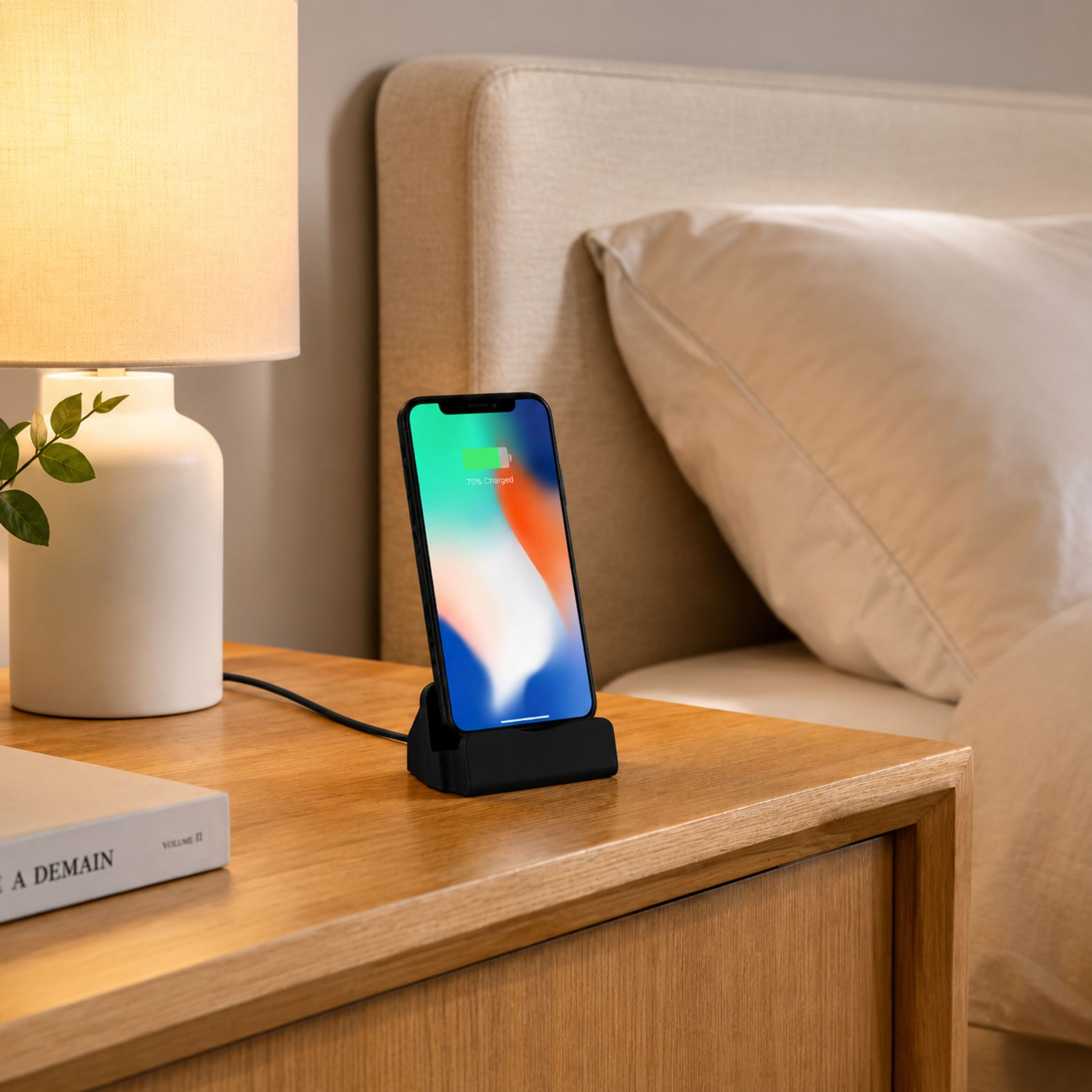 Ein Smartphone mit 75% Ladung auf einem schwarzen Ladeständer neben einem Bett.