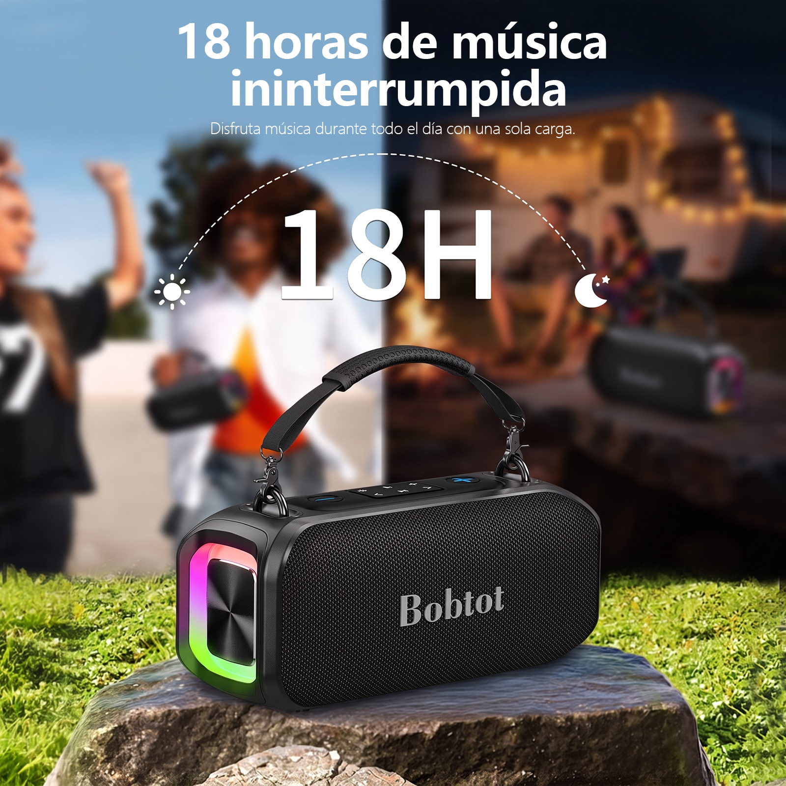 Altavoz Bobtot negro con luces coloridas sobre roca, gente al fondo.