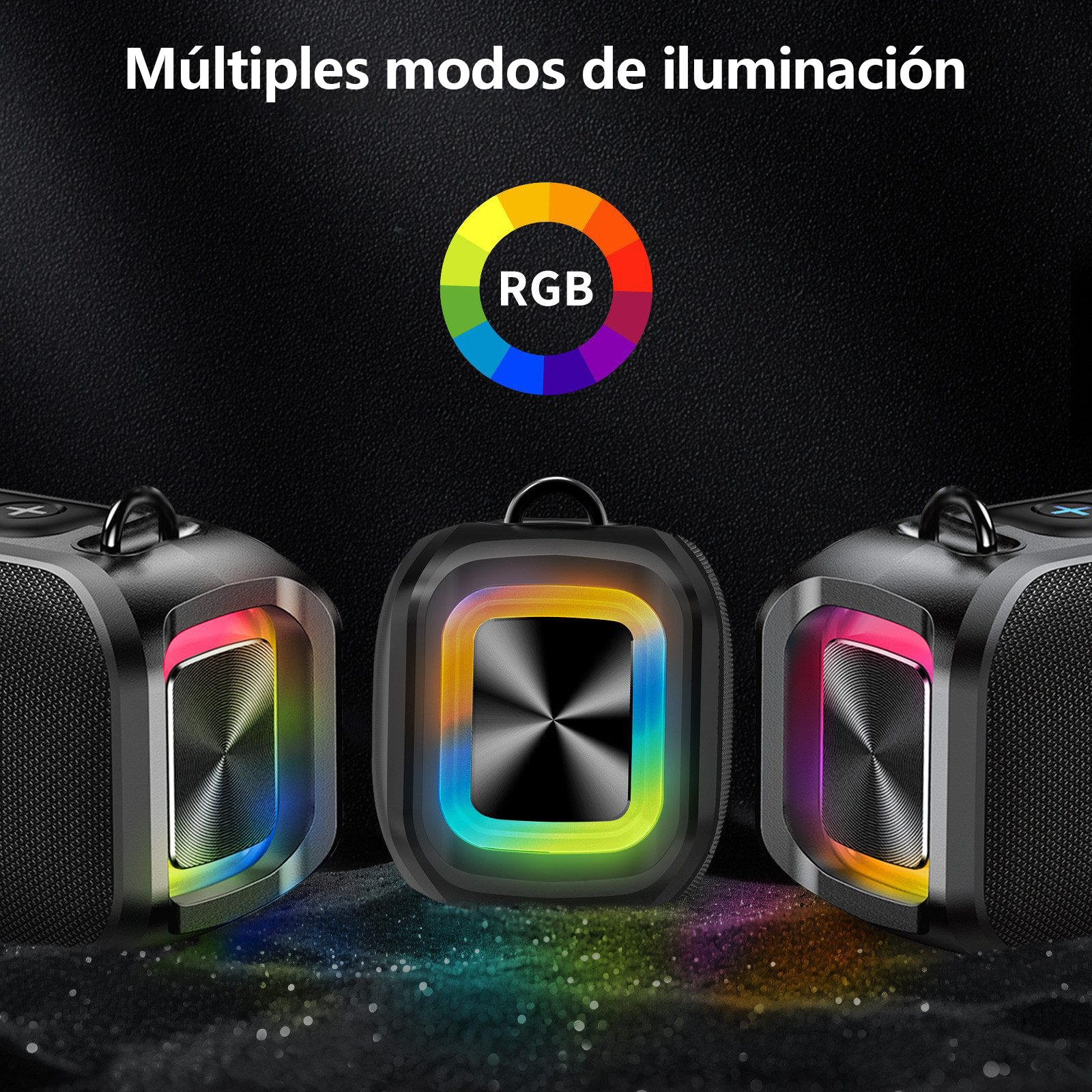 Tres altavoces con iluminación RGB sobre fondo negro.