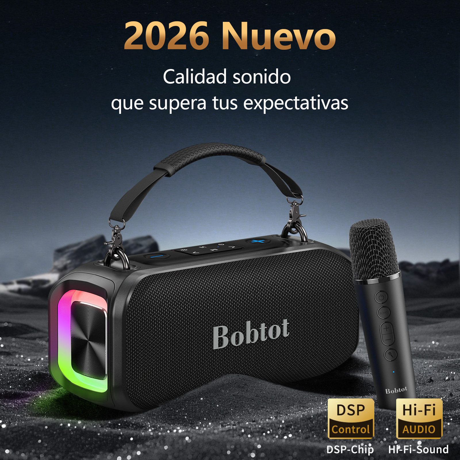 Altavoz Bluetooth negro con micrófono, luz LED arcoíris y texto.
