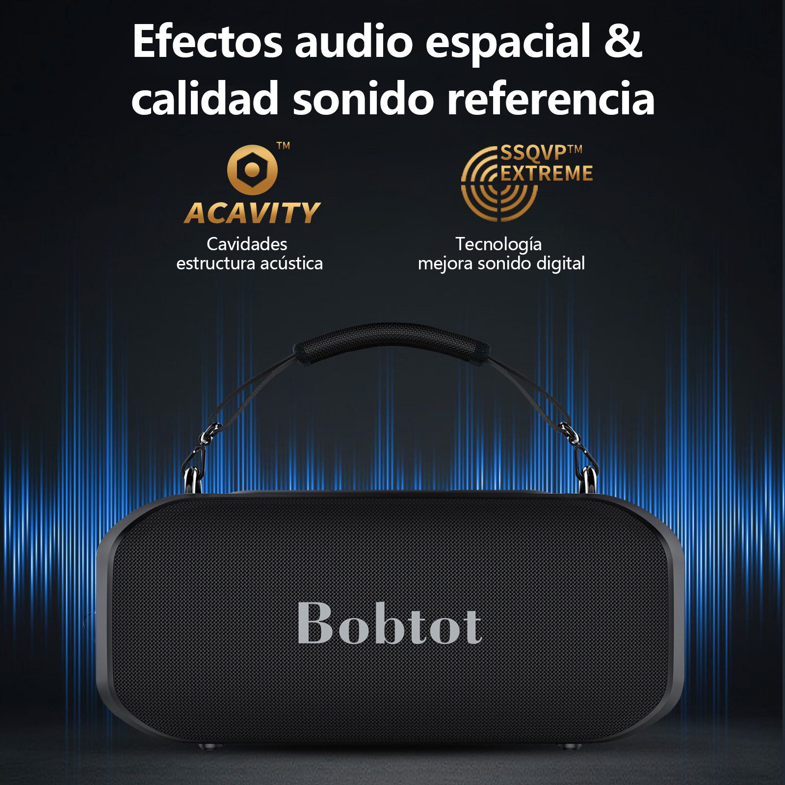 Altavoz portátil negro con asa y ondas de sonido azules al fondo.
