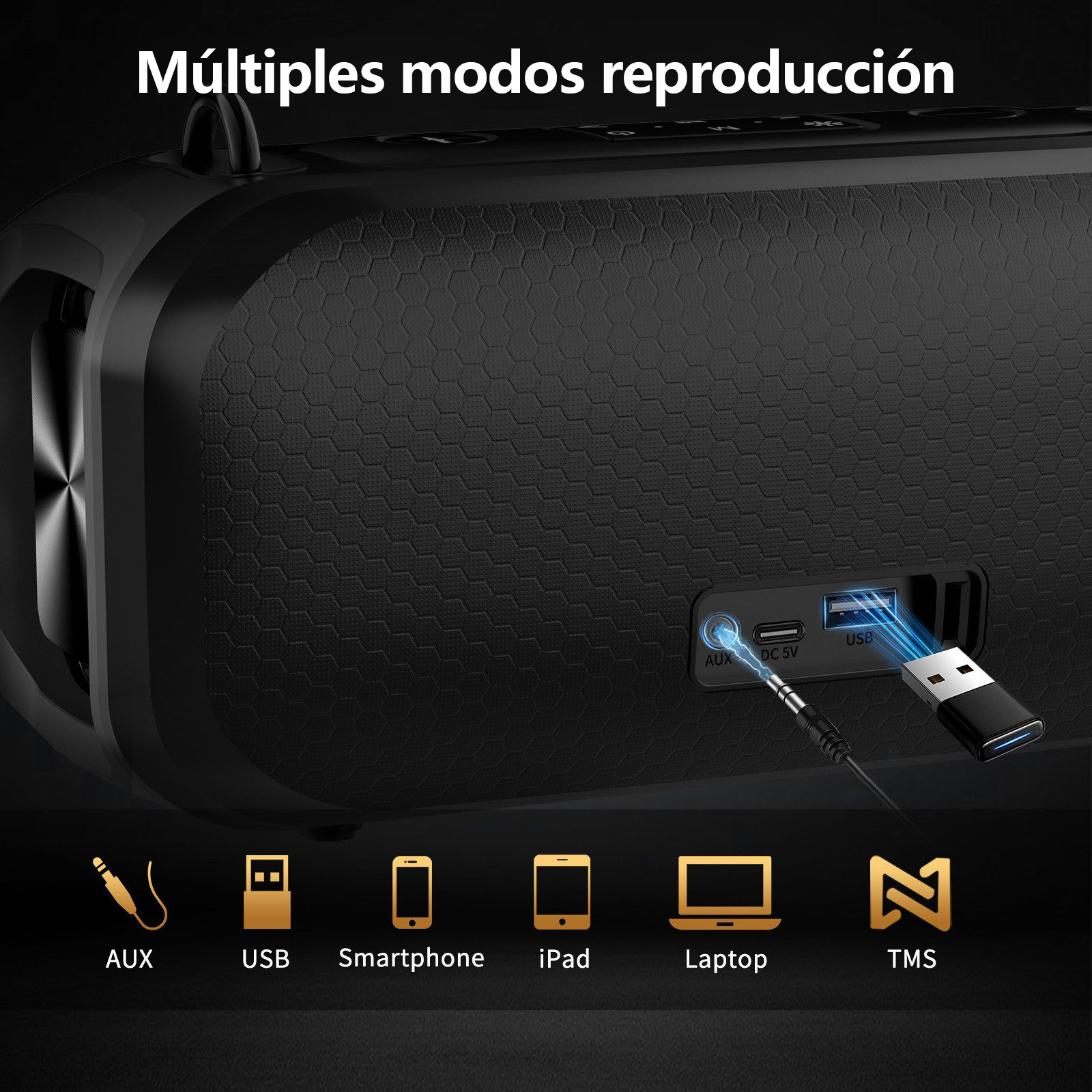 Altavoz negro con múltiples puertos e iconos de modos de reproducción.