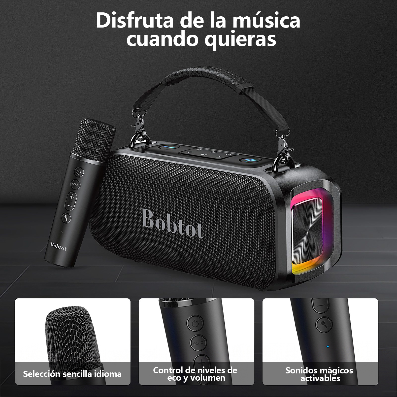 Altavoz negro con micrófono y efectos de luz LED. Ofrece controles de música.