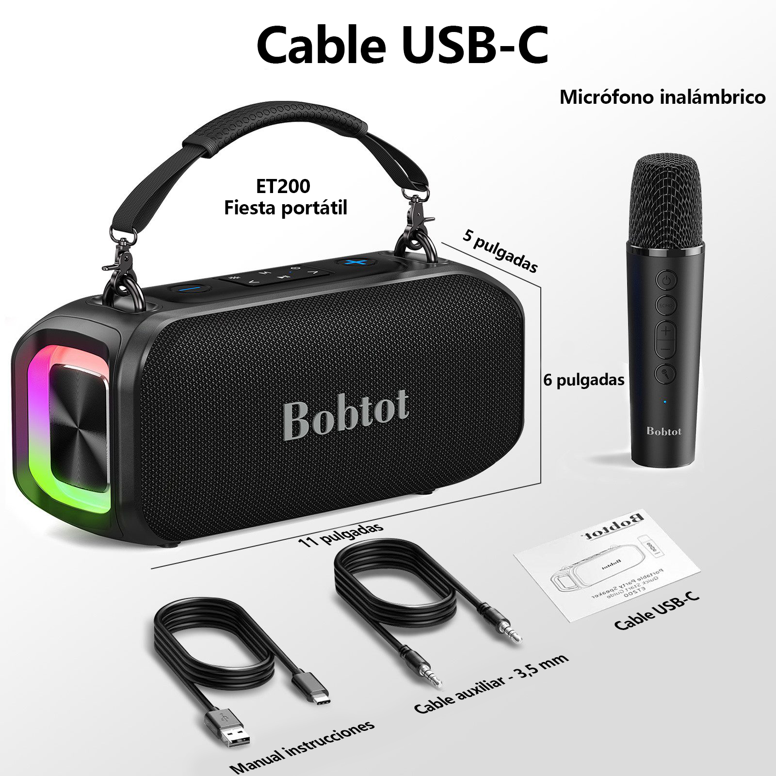 Altavoz Bluetooth negro con micrófono, cables y manual.