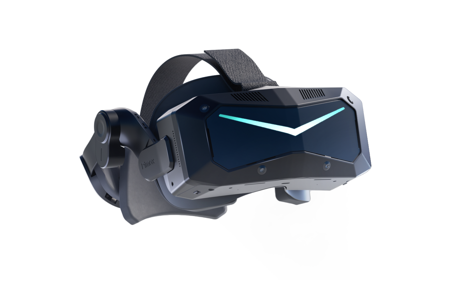 Un casco de RV negro con una tira de luz azul y correa ajustable.