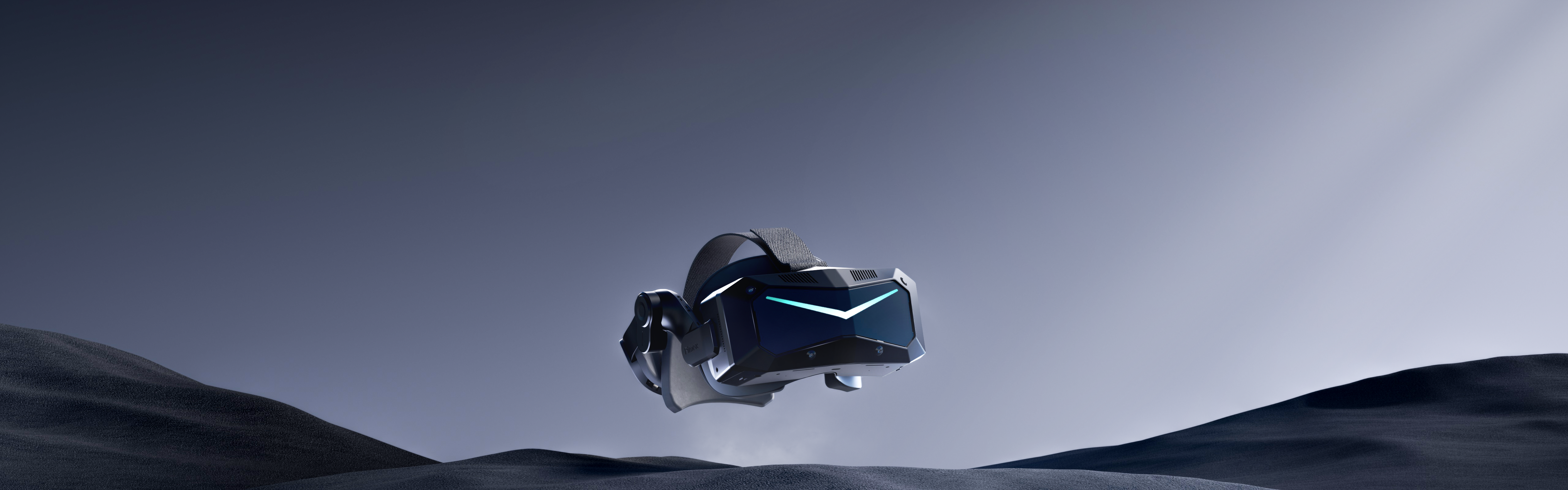Un casco de RV futurista flota sobre un paisaje rocoso y oscuro.