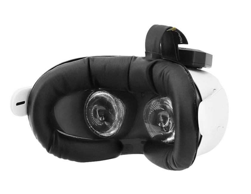 Unas gafas de RV blancas con acolchado y lentes negros, sobre fondo blanco.
