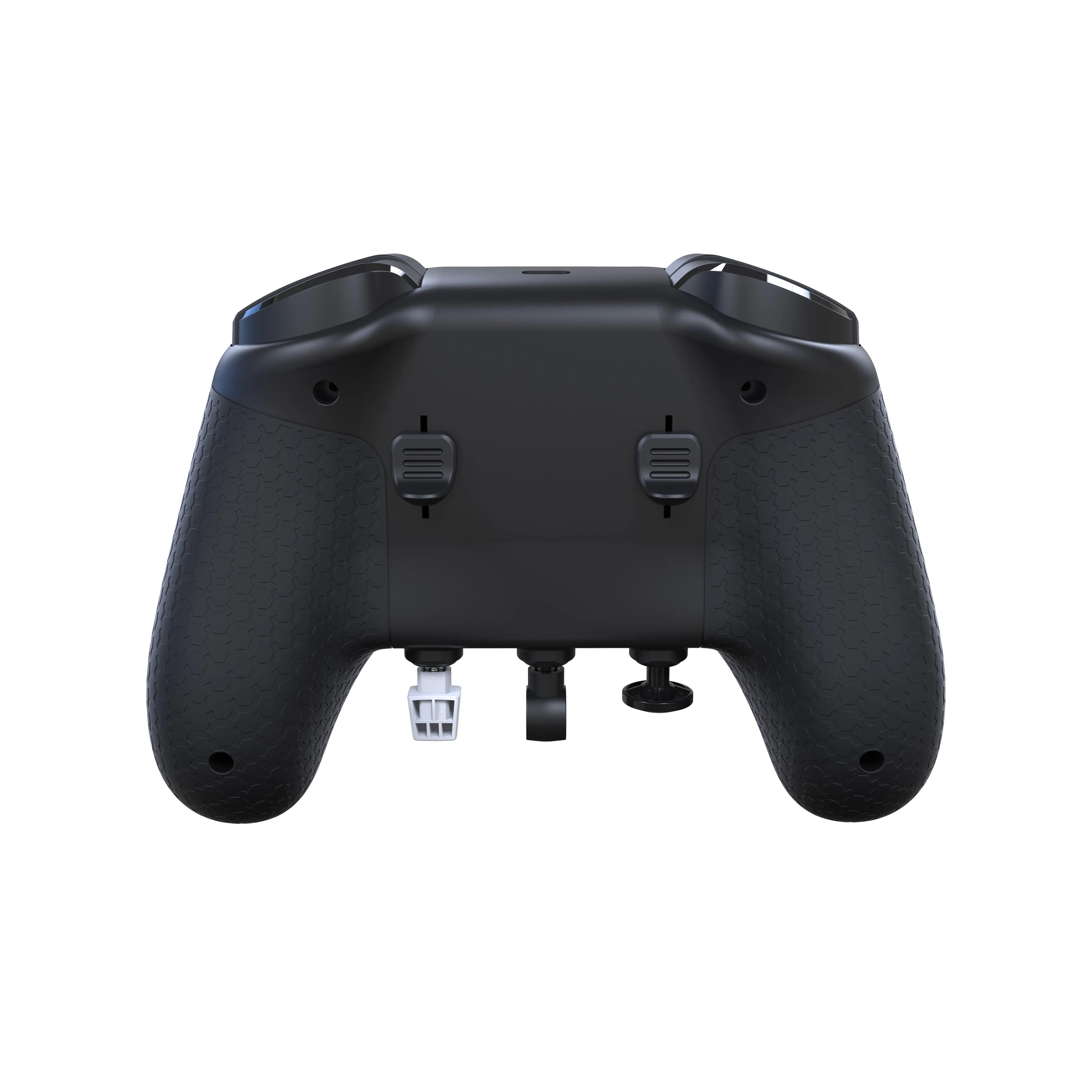 Schwarzer Controller von hinten mit Wabenmuster-Griffen und Anschlüssen.