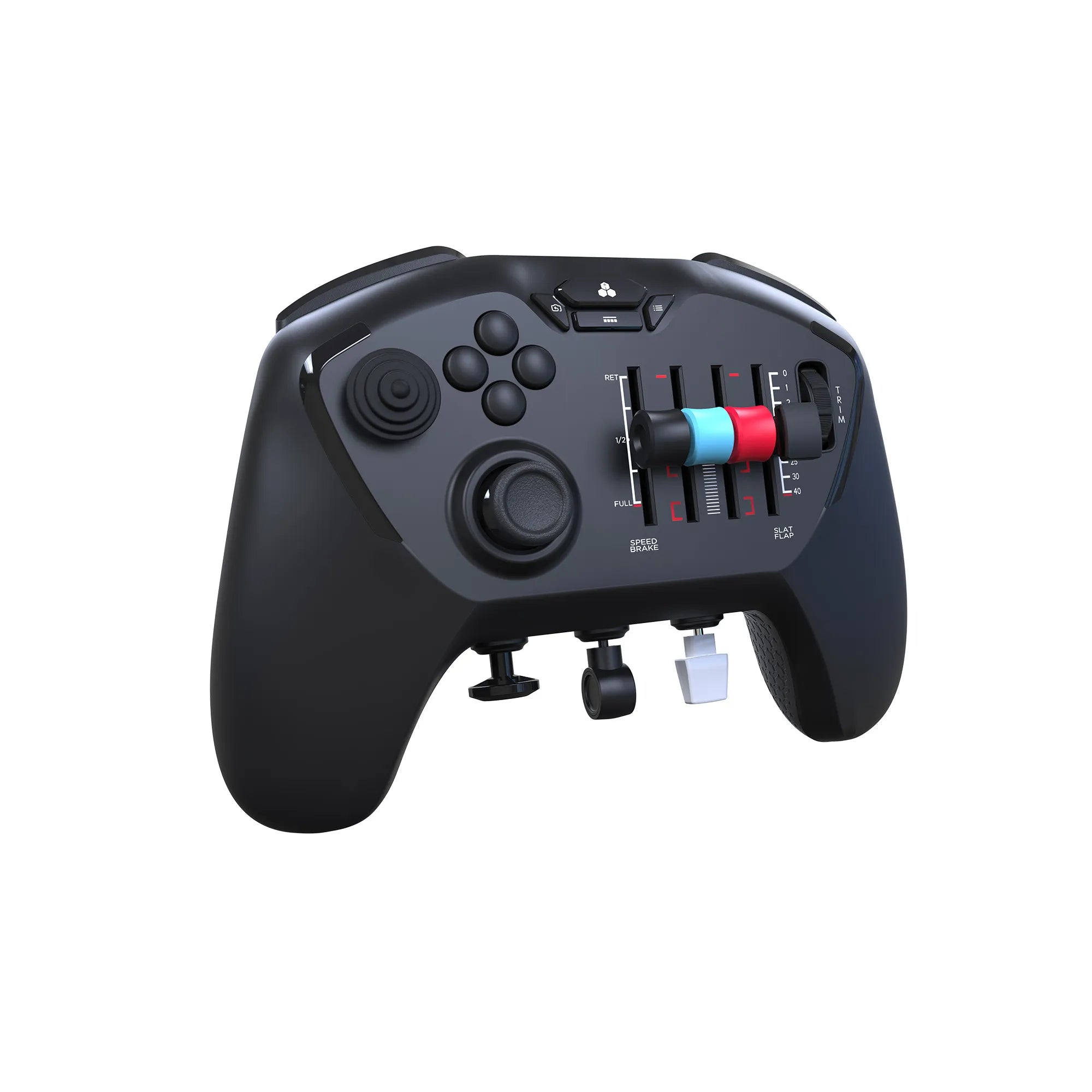 Ein schwarzer Flugsimulator-Controller mit Schiebereglern, Knöpfen und einem Joystick.