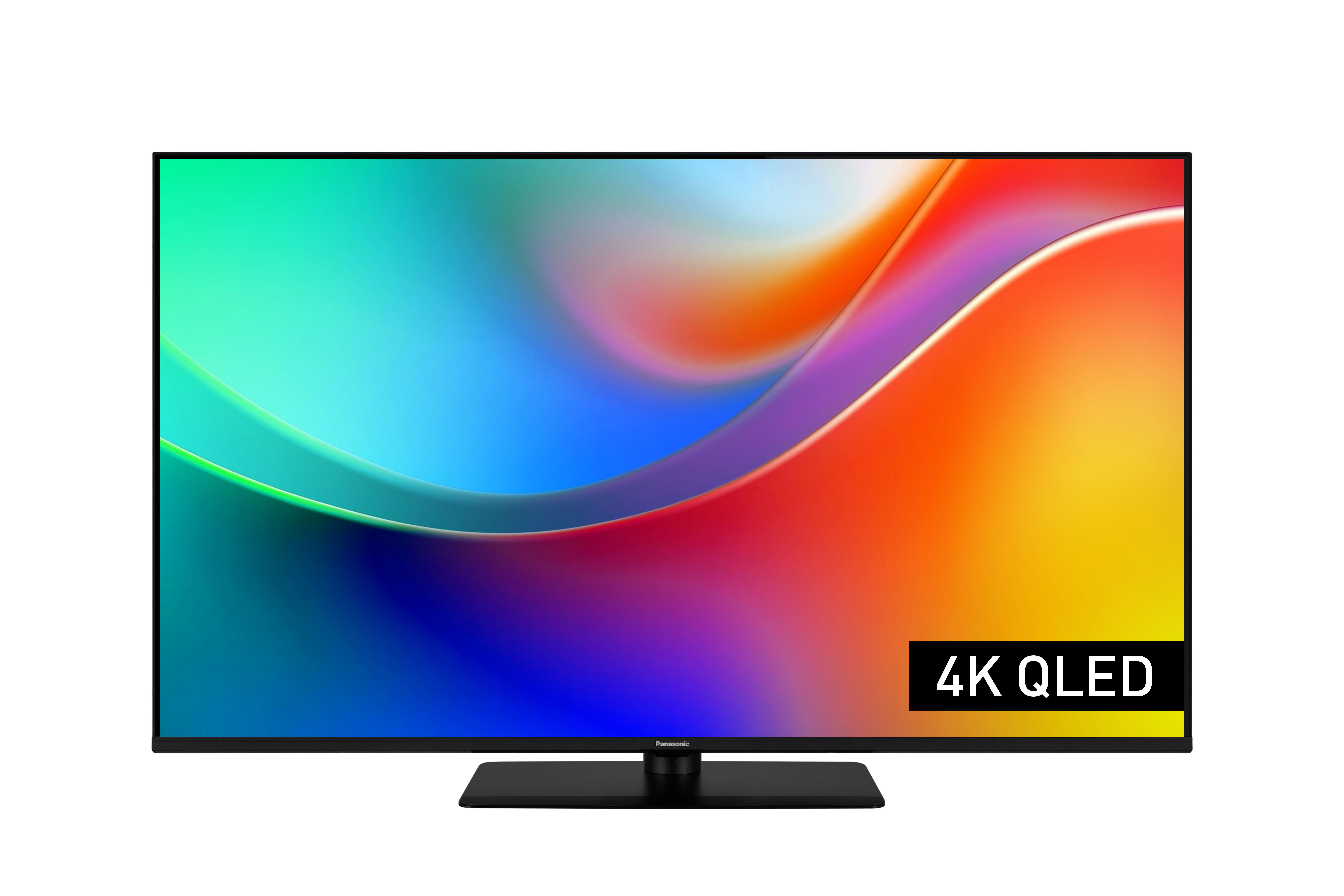 Ein schlankes, schwarzes Fernsehgerät mit einem farbenfrohen, abstrakten Hintergrund. 4K QLED.