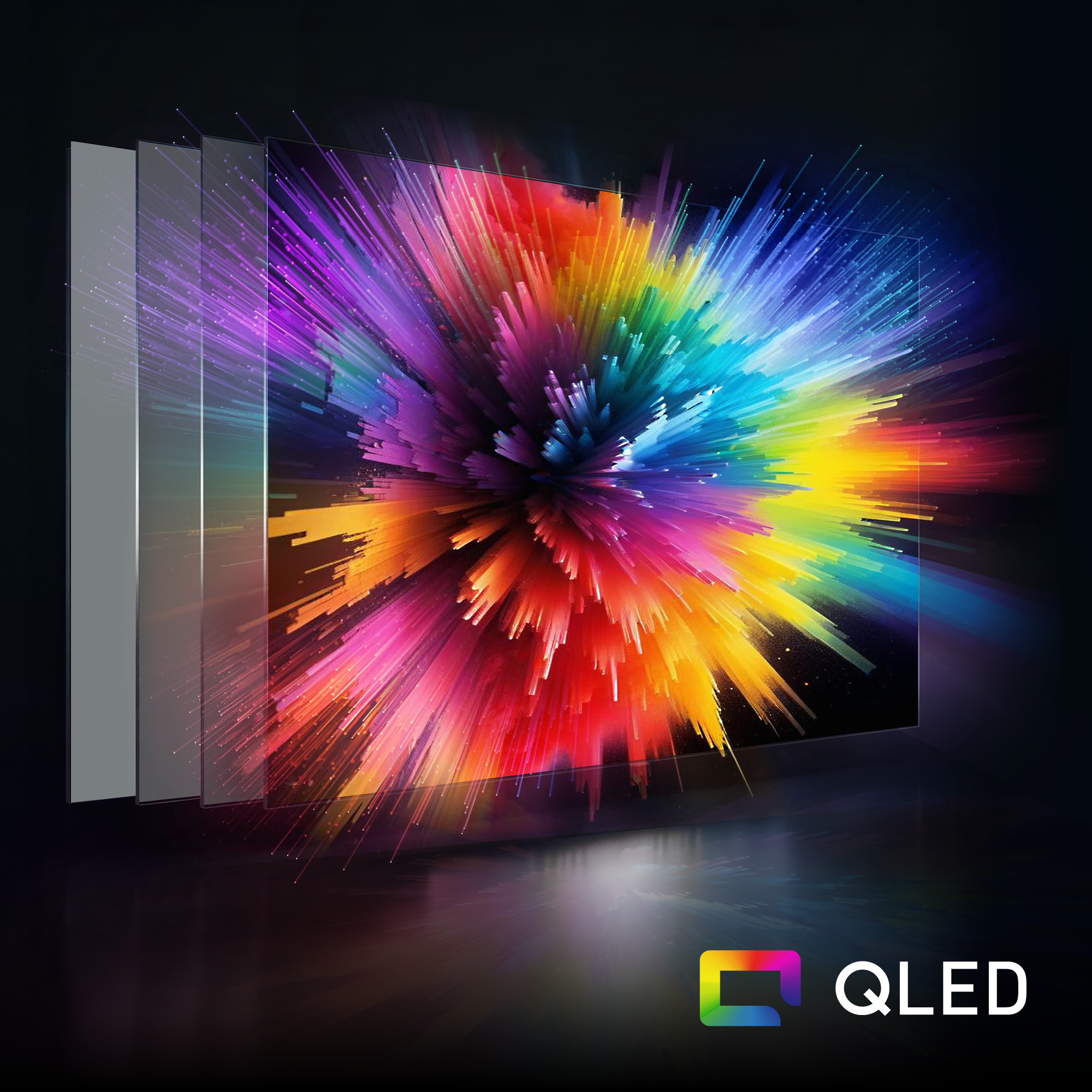 Ein Fernsehbildschirm mit explodierenden Farben und dem QLED-Logo.