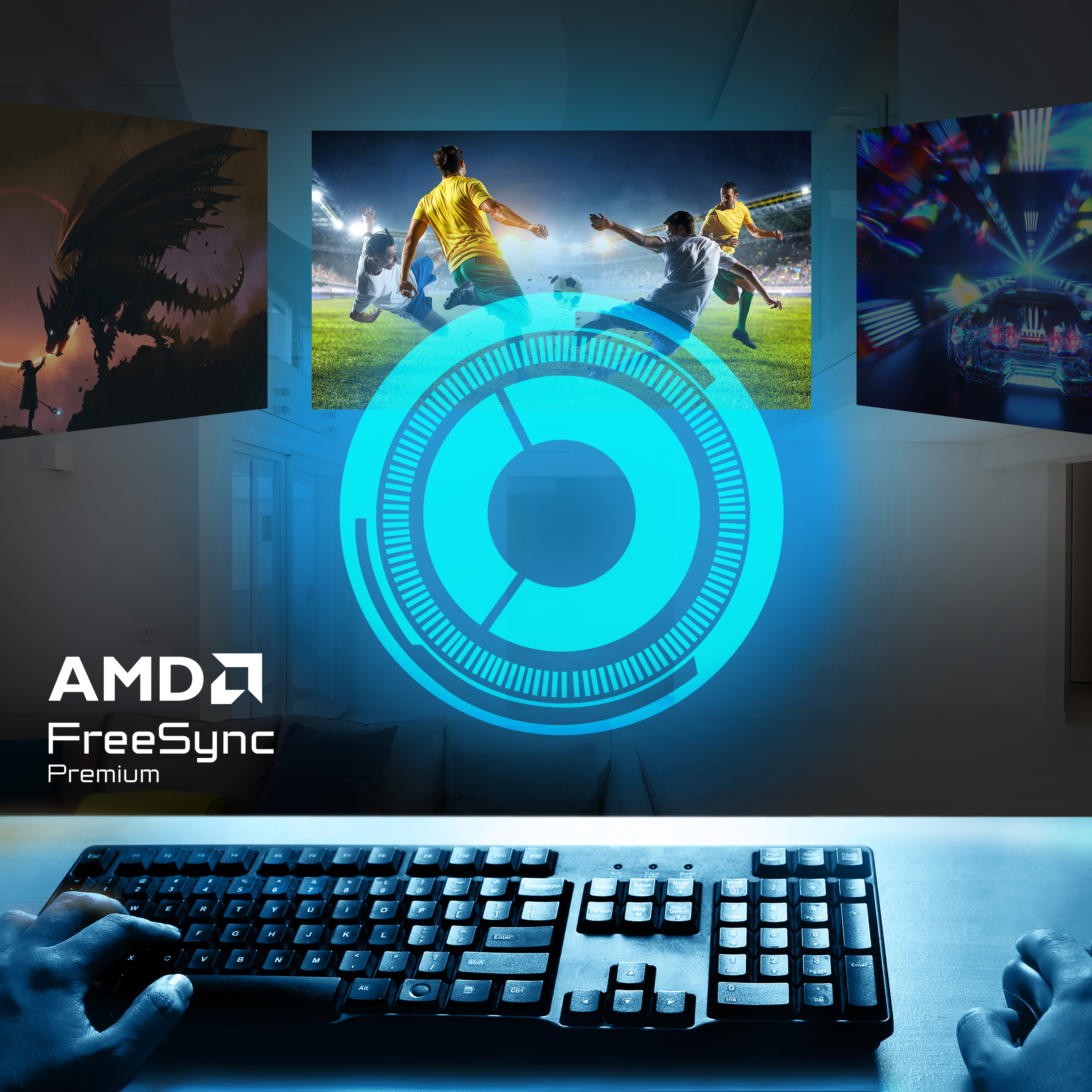 Ein Drache, Fußballspiel, Rennauto, Tastatur und AMD FreeSync Premium Logo.