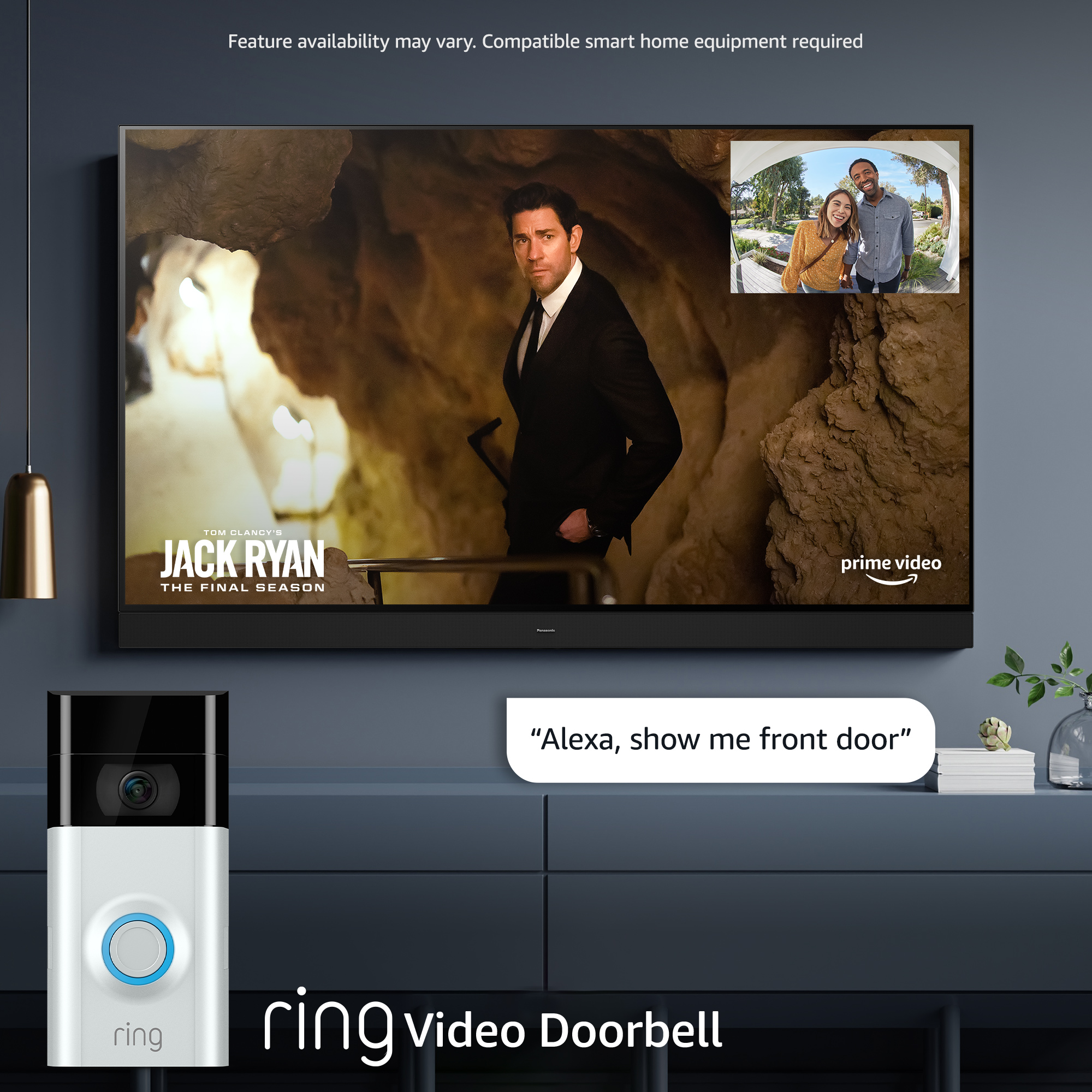 Ein Ring Video Doorbell und ein Fernseher, der „Jack Ryan“ zeigt. 