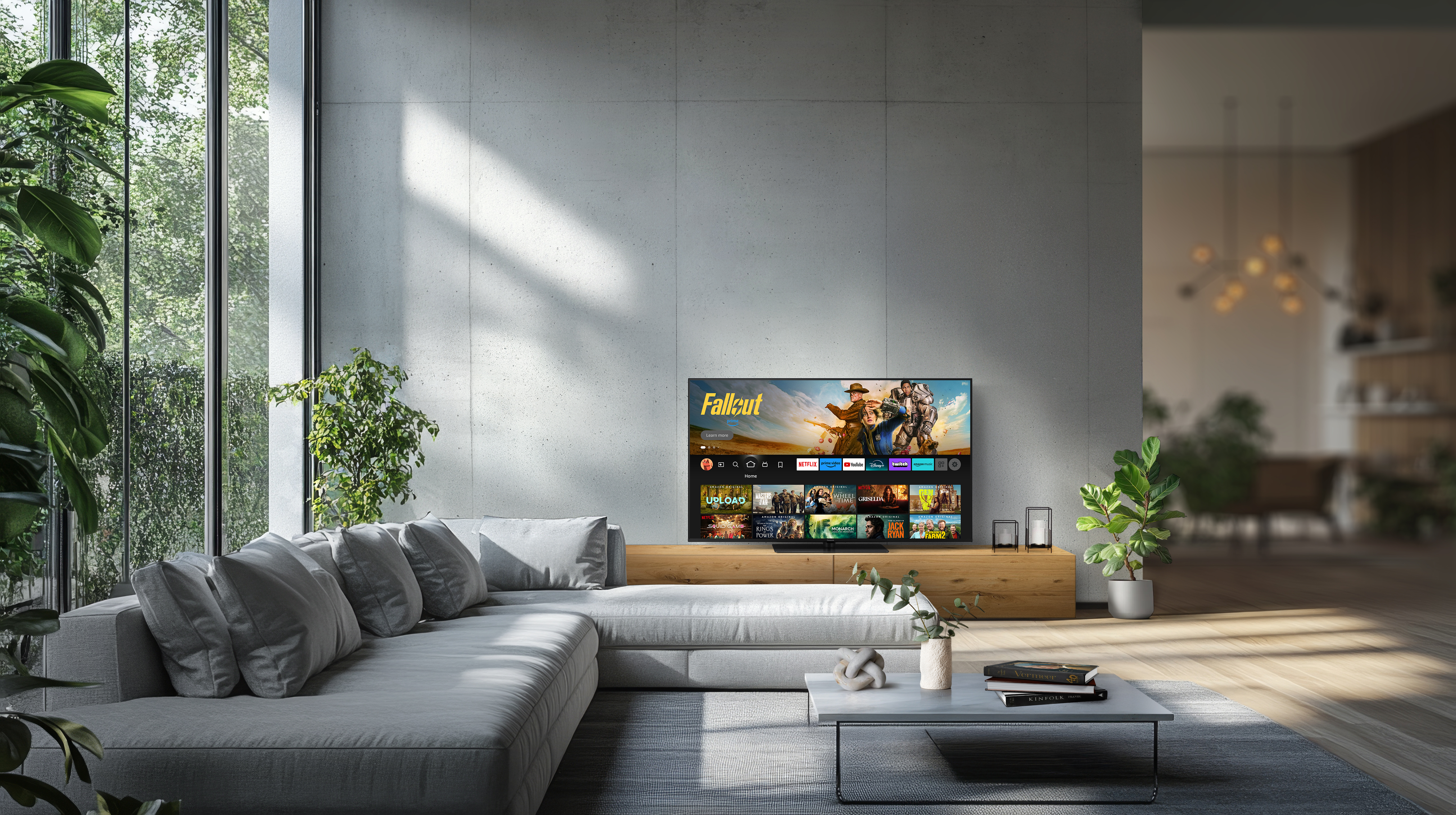 Modernes Wohnzimmer mit Sofa, Couchtisch und Fernseher, der Fallout zeigt.
