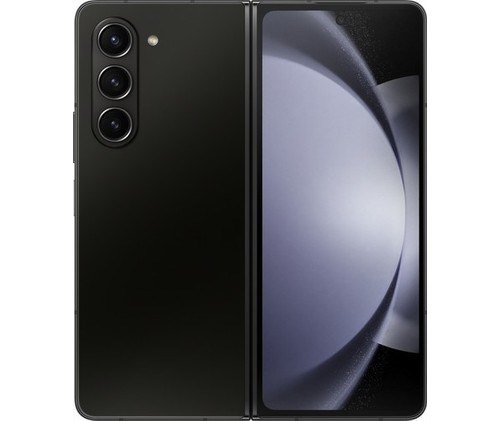 Arkada üç kamerası ve açık ekranı olan siyah katlanabilir telefon.