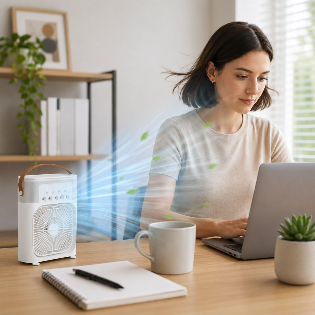 A woman works on her laptop at a desk as a fan blows cool air towards her.