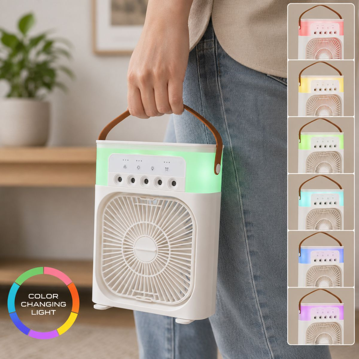 Portable white fan with brown handle, green light. Color changing LEDs shown.