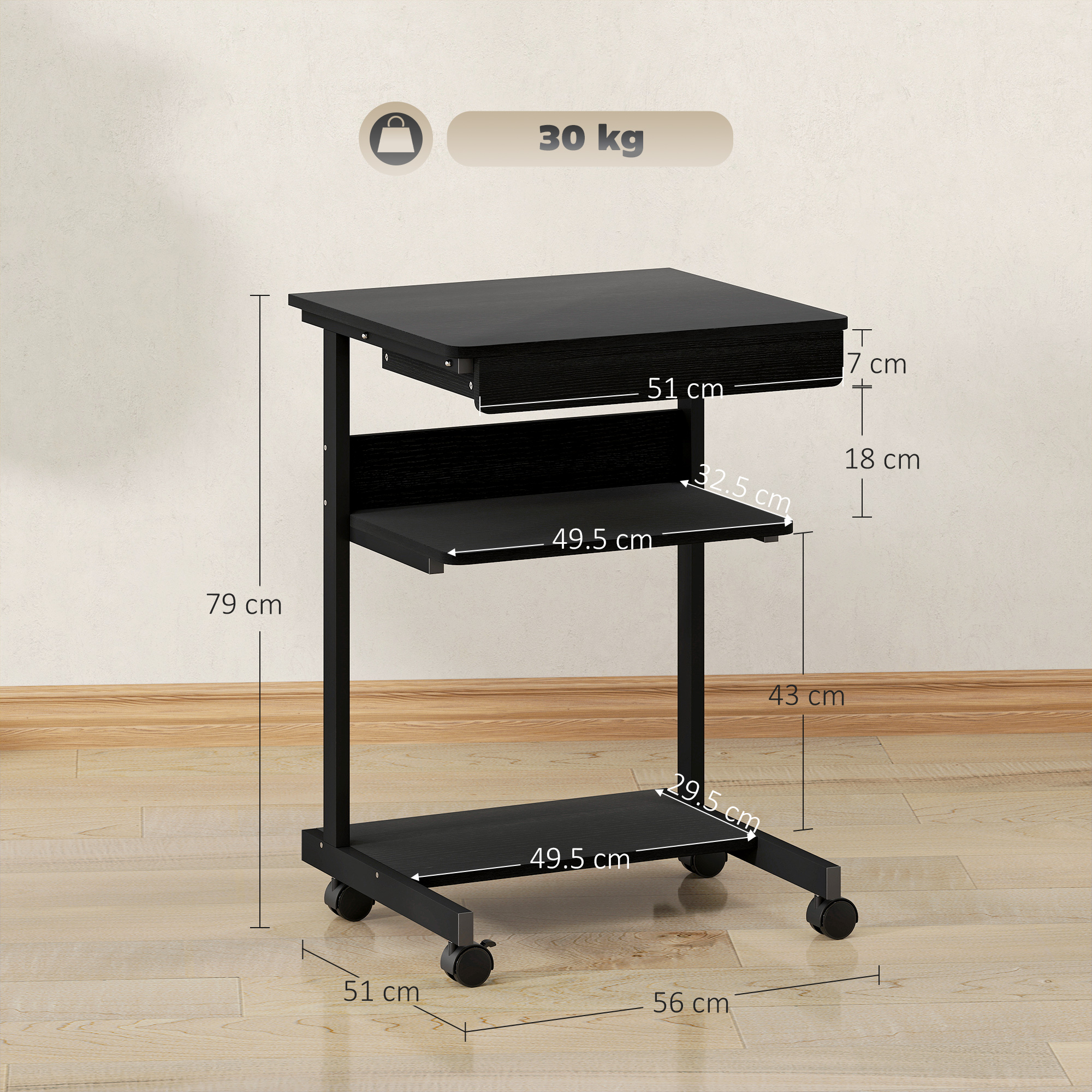 Tavolino nero su ruote con 2 ripiani e cassetto. Dimensioni indicate.