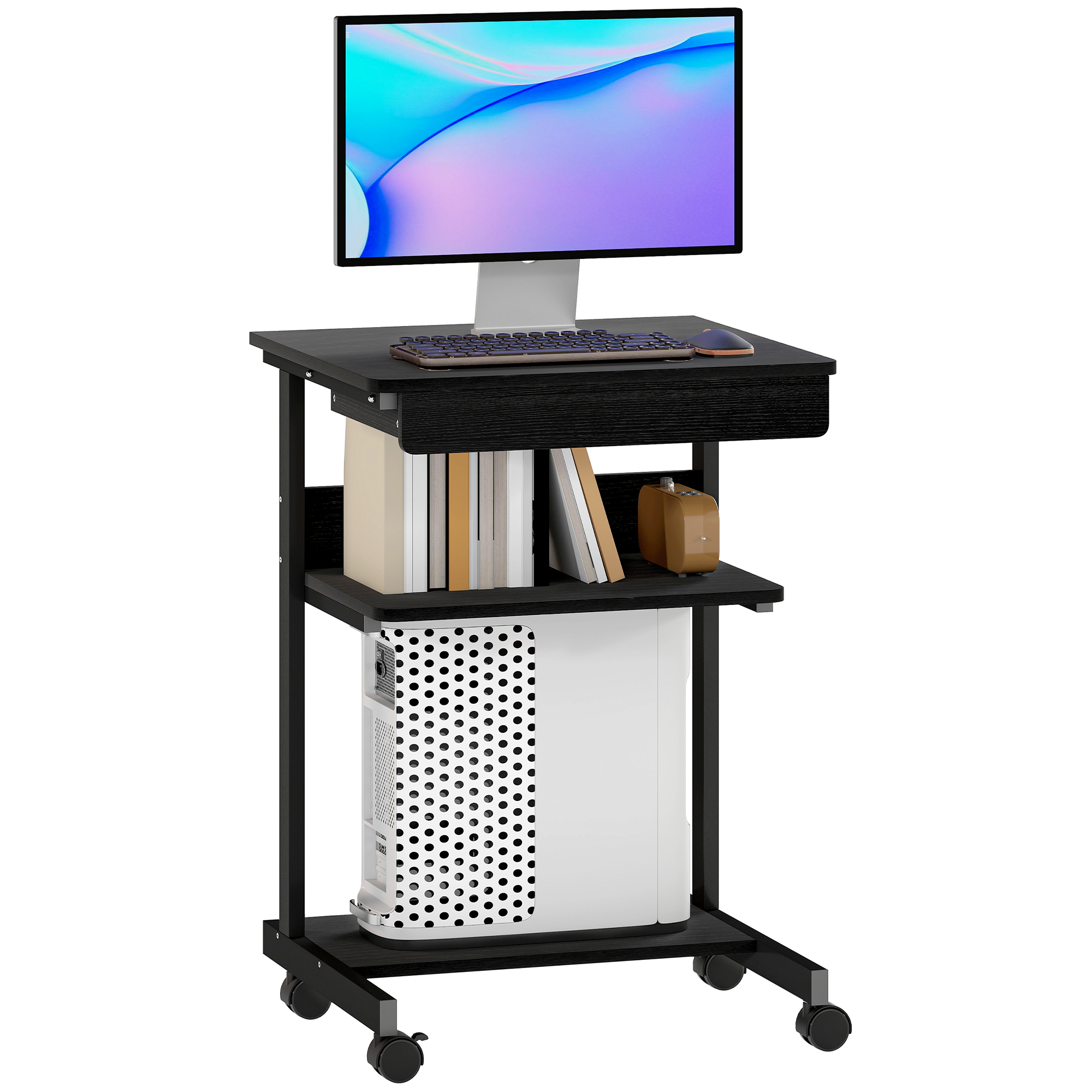 Un carrello nero per computer su ruote con monitor, tastiera, mouse e PC.