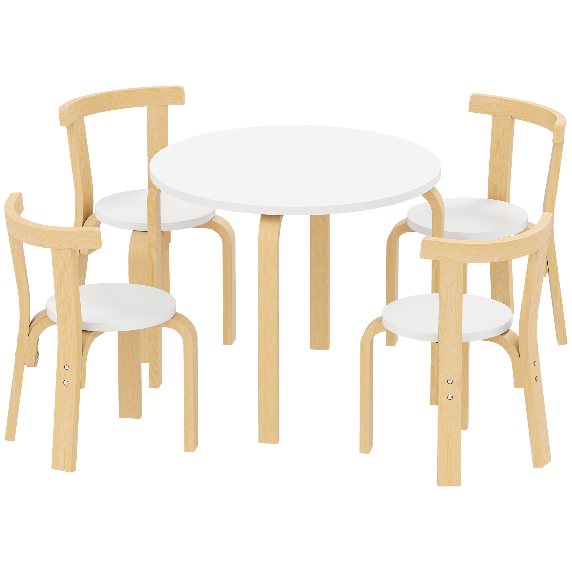 Un tavolo rotondo bianco con quattro sedie in legno con sedili bianchi.