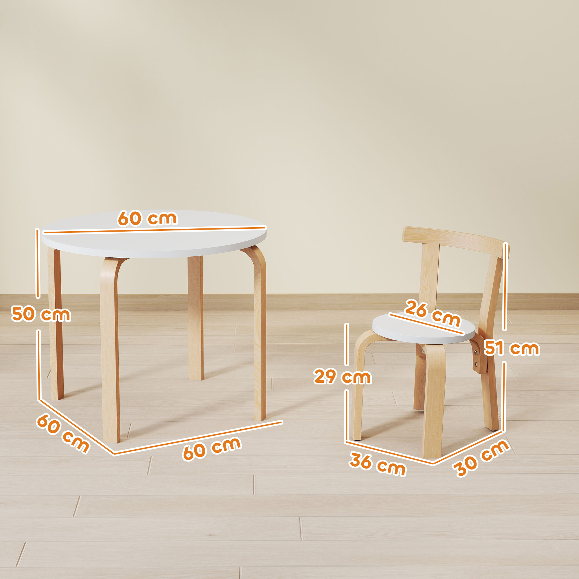 Set tavolo e sedia in legno per bambini con piani bianchi e dimensioni.