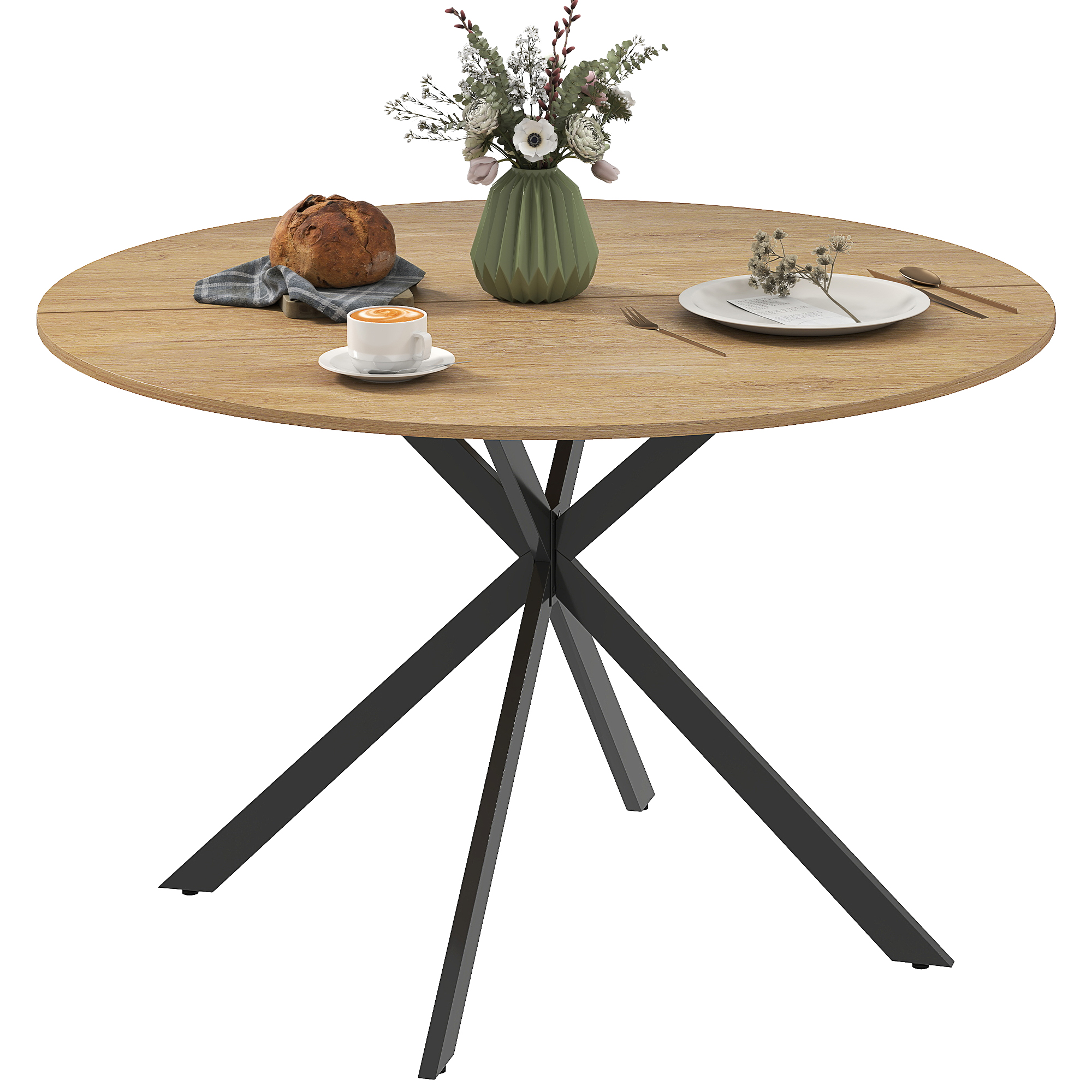 Un tavolo rotondo in legno con base in metallo nero, decorato con pane, caffè e fiori.
