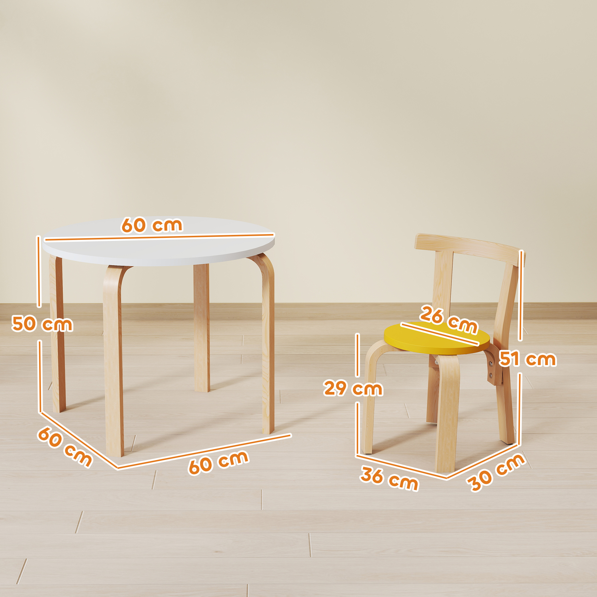 Un tavolo rotondo bianco per bambini e una sedia gialla in legno con dimensioni.