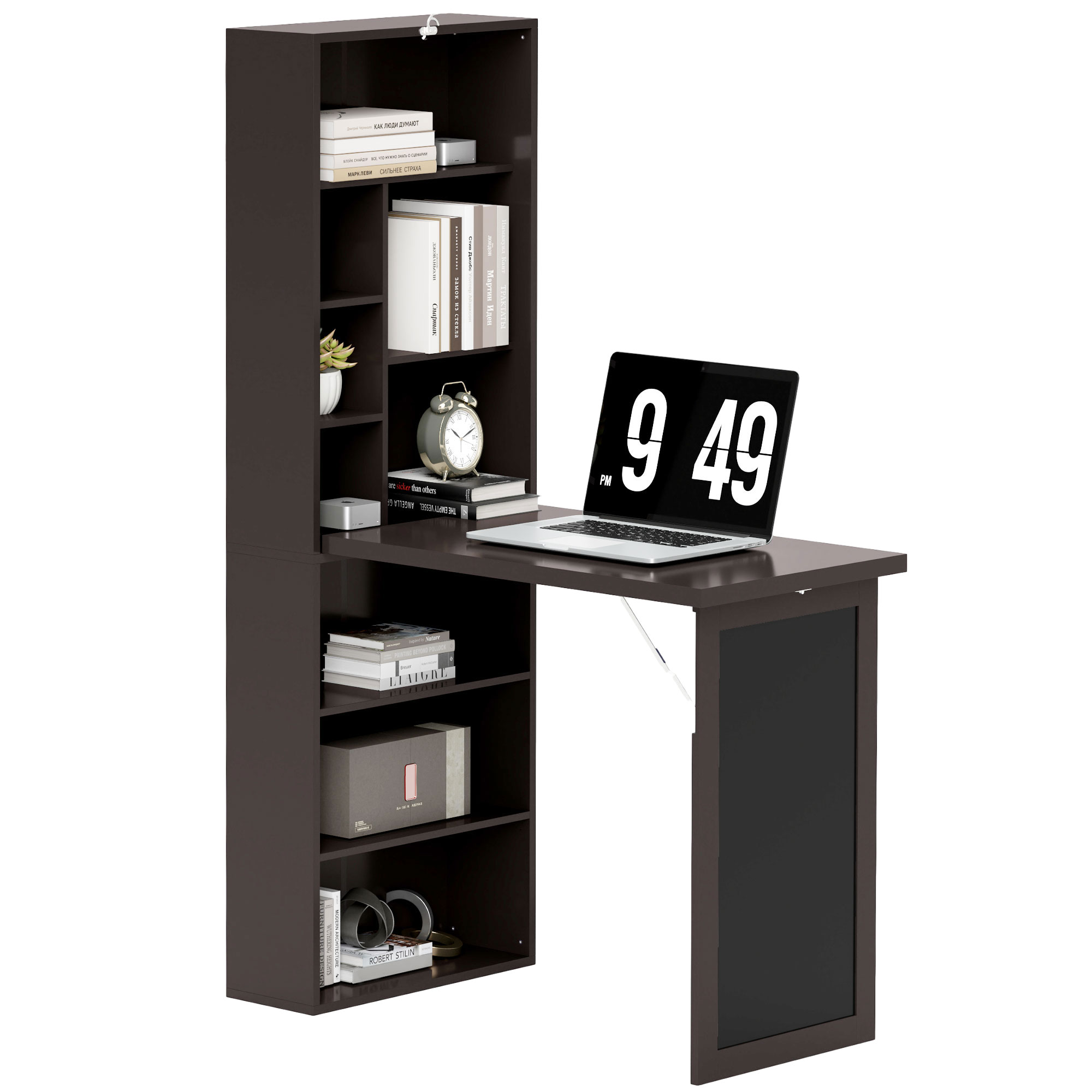 Libreria marrone scuro con scrivania integrata. Laptop, libri, orologio e pianta sopra.