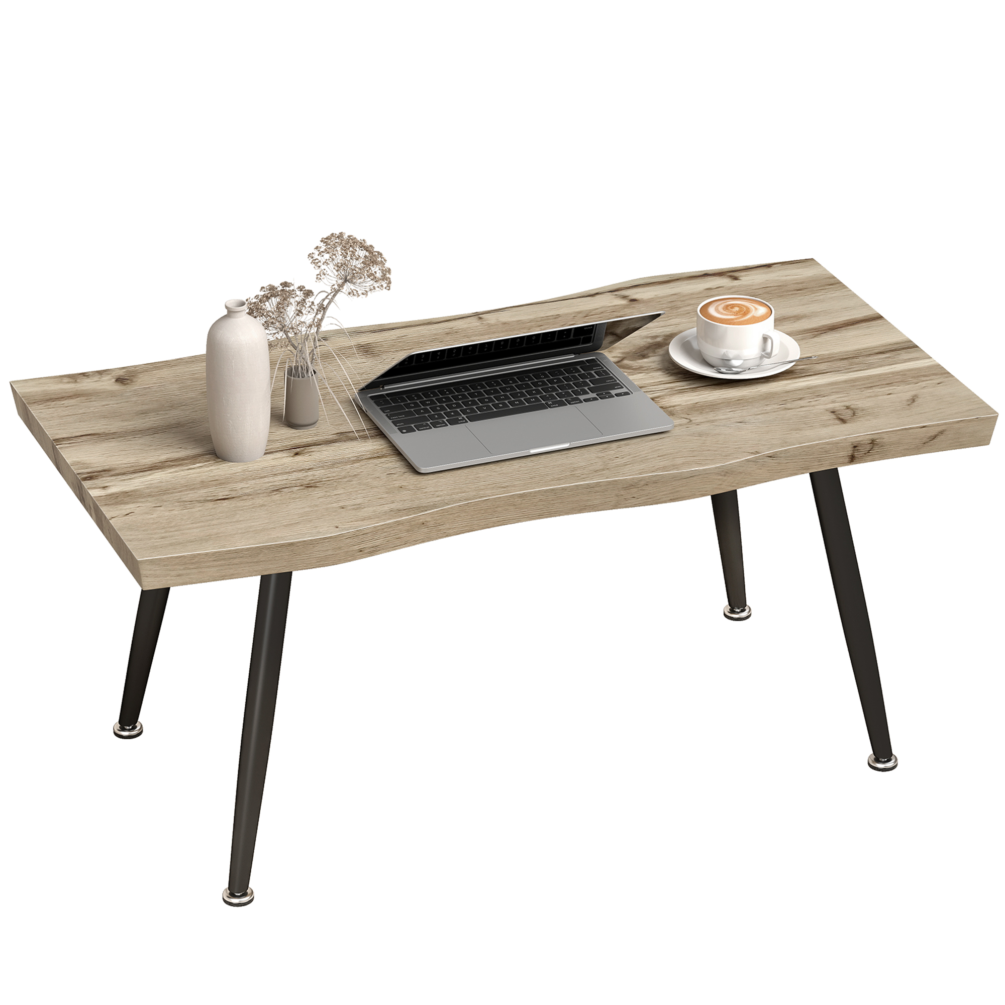 Un tavolo in legno con laptop, tazza di caffè e vaso con fiori secchi.