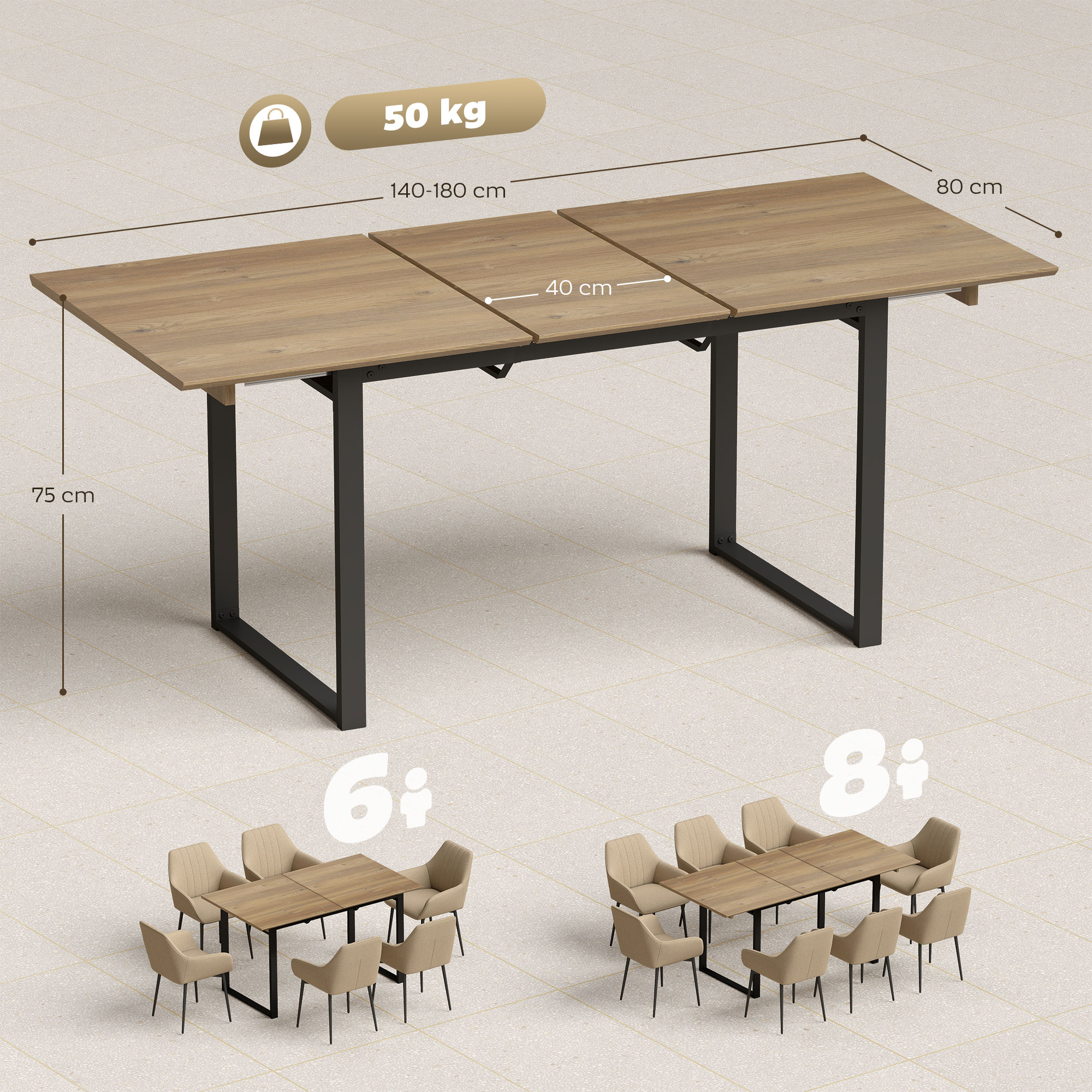Un tavolo estensibile in legno con gambe nere, alto 75cm, largo 80cm.