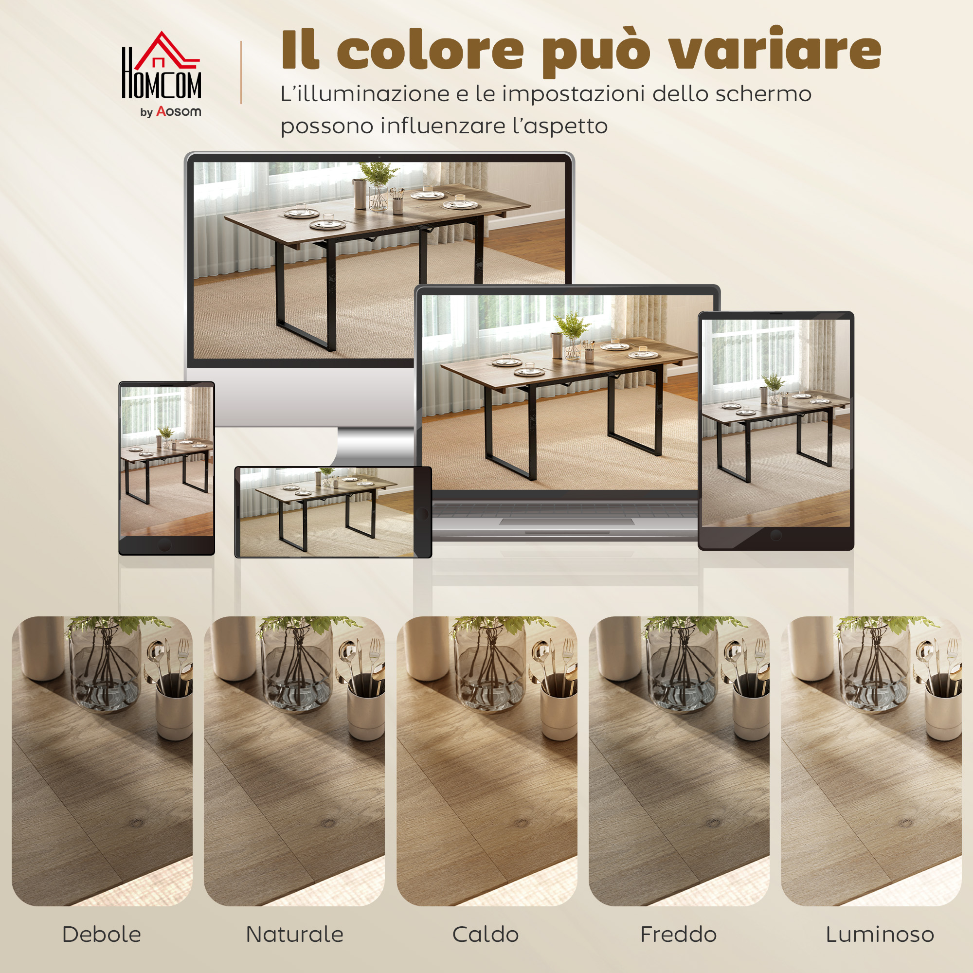 Un tavolo da pranzo in legno scuro con gambe nere, mostrato su vari schermi.