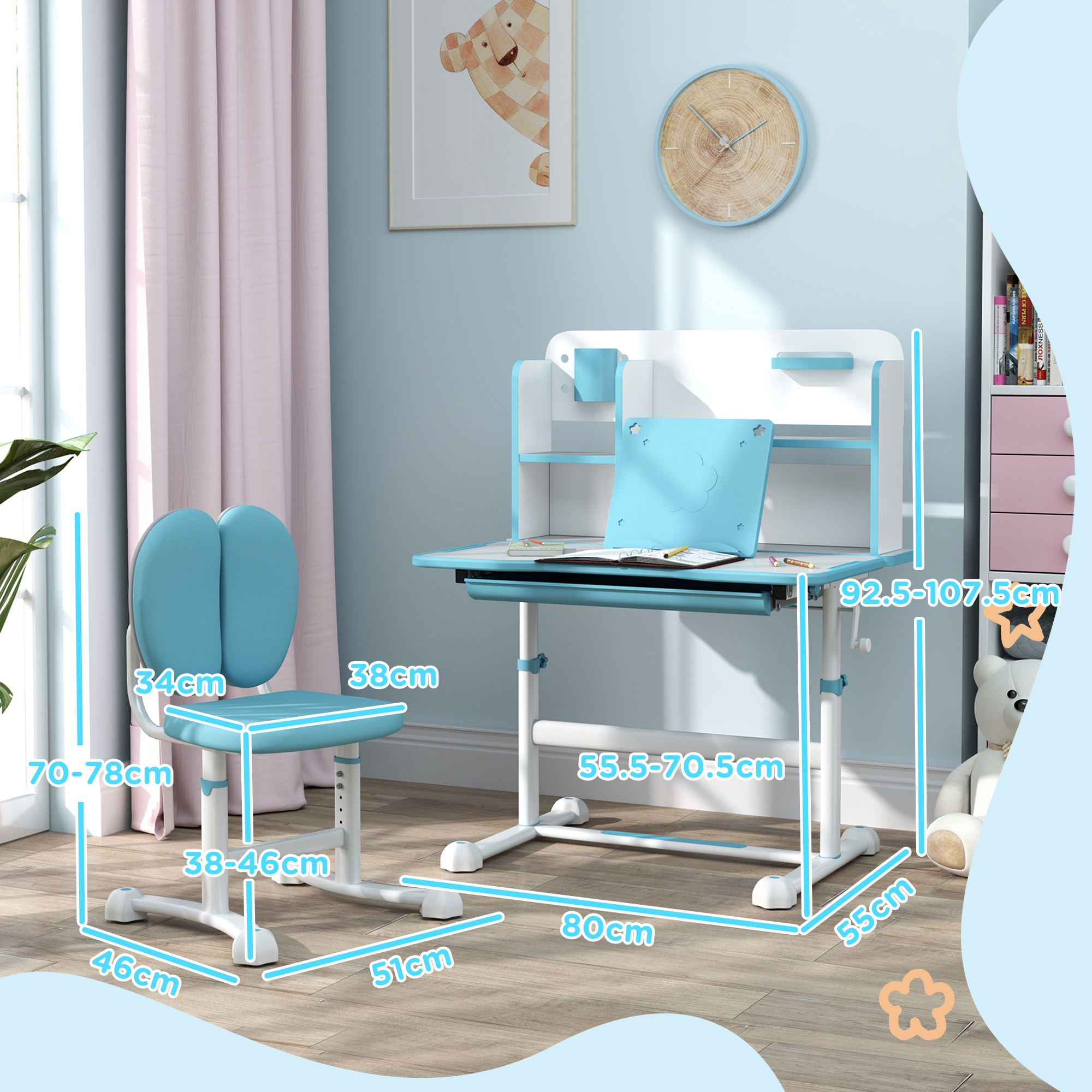 Una scrivania e una sedia regolabili per bambini, con dimensioni e accessori.