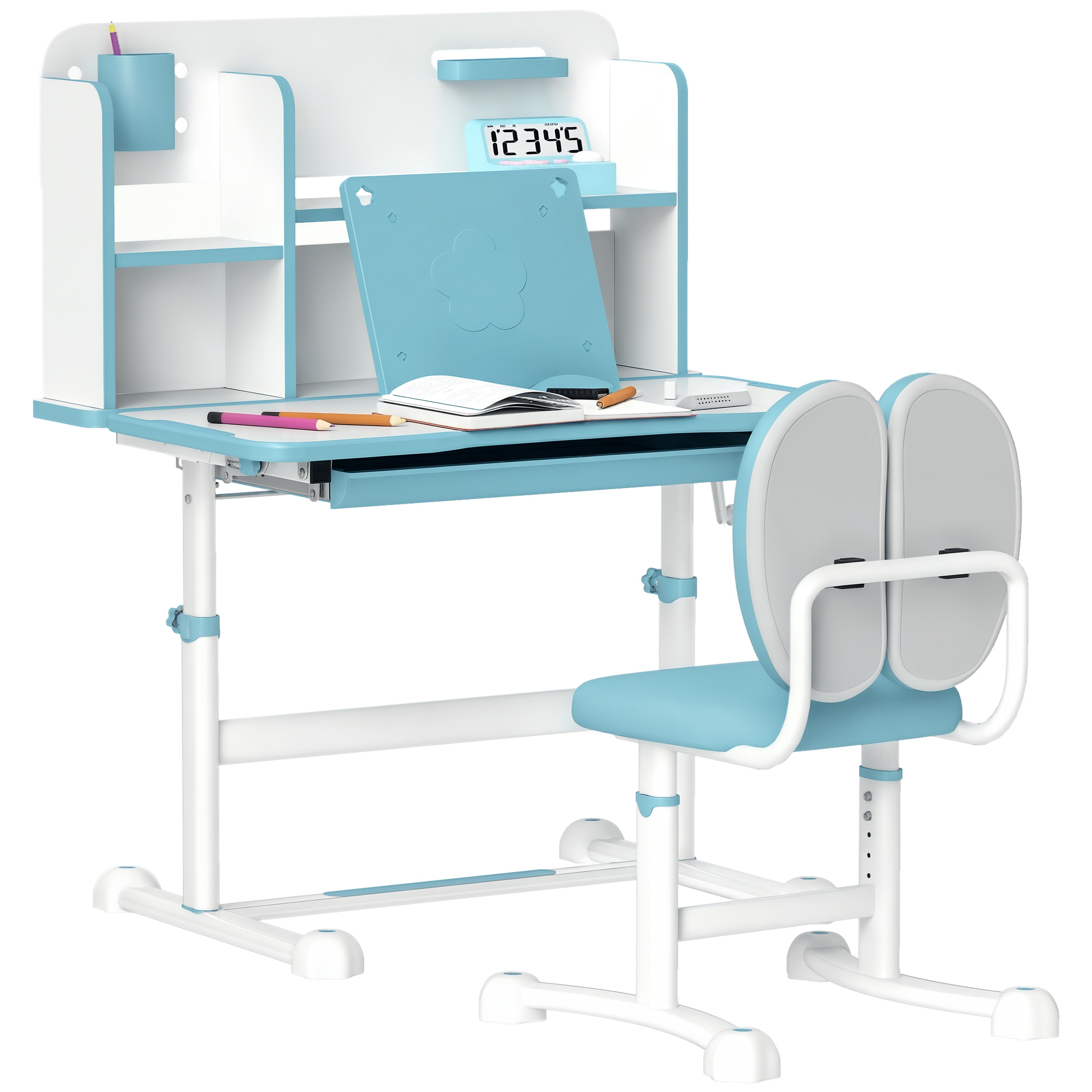 Scrivania per bambini regolabile in altezza con sedia blu e vani.