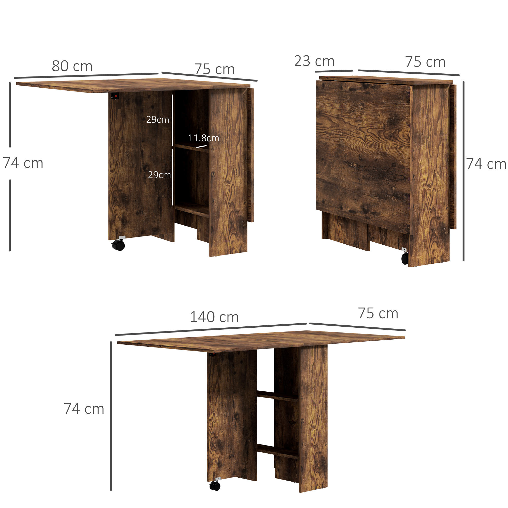 Un tavolo pieghevole effetto legno con ruote, mostrato in più configurazioni.